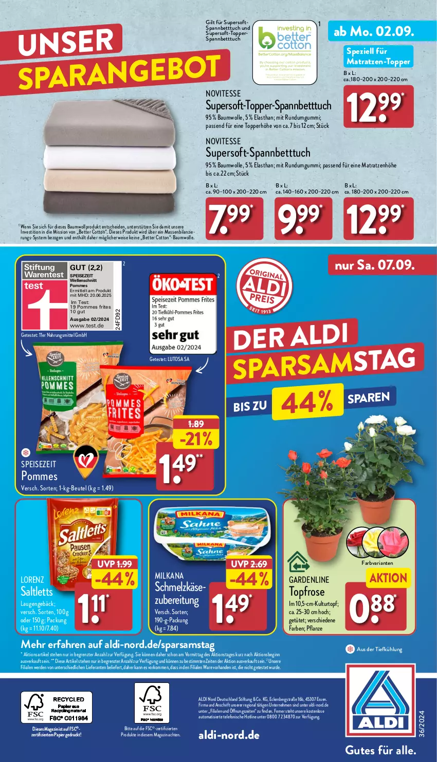 Aktueller Prospekt Aldi Nord - Von Montag - von 02.09 bis 07.09.2024 - strona 40 - produkty: aldi, angebot, aus der tiefkühlung, auto, Bau, baumwolle, bett, Betttuch, beutel, eis, elle, erde, gin, Käse, kulturtopf, lorenz, magazin, matratze, matratzen, milka, milkana, papier, pflanze, pommes, Pommes Frites, Ria, rwe, saltletts, Schmelzkäse, schmelzkäsezubereitung, spannbetttuch, Spezi, telefon, Ti, topf, topper, tuc, Tüte, wolle, ZTE