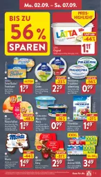 Gazetka promocyjna Aldi Nord - Von Montag - Gazetka - ważna od 07.09 do 07.09.2024 - strona 5 - produkty: actimel, auer, Becher, butter, cin, creme, danone, Dany, dessert, eis, fol epi, frischkäse, frischkäsezubereitung, gin, halbfettmargarine, haselnuss, Haselnusscreme, hirtenkäse, Käse, käsescheiben, lätta, Loose, margarine, meggle, milch, Milchdessert, monte, mozzarella, nuss, philadelphia, quäse, reis, rel, Sauermilchkäse, schoko, Streichzart, Ti, zott, Zott Monte, ZTE