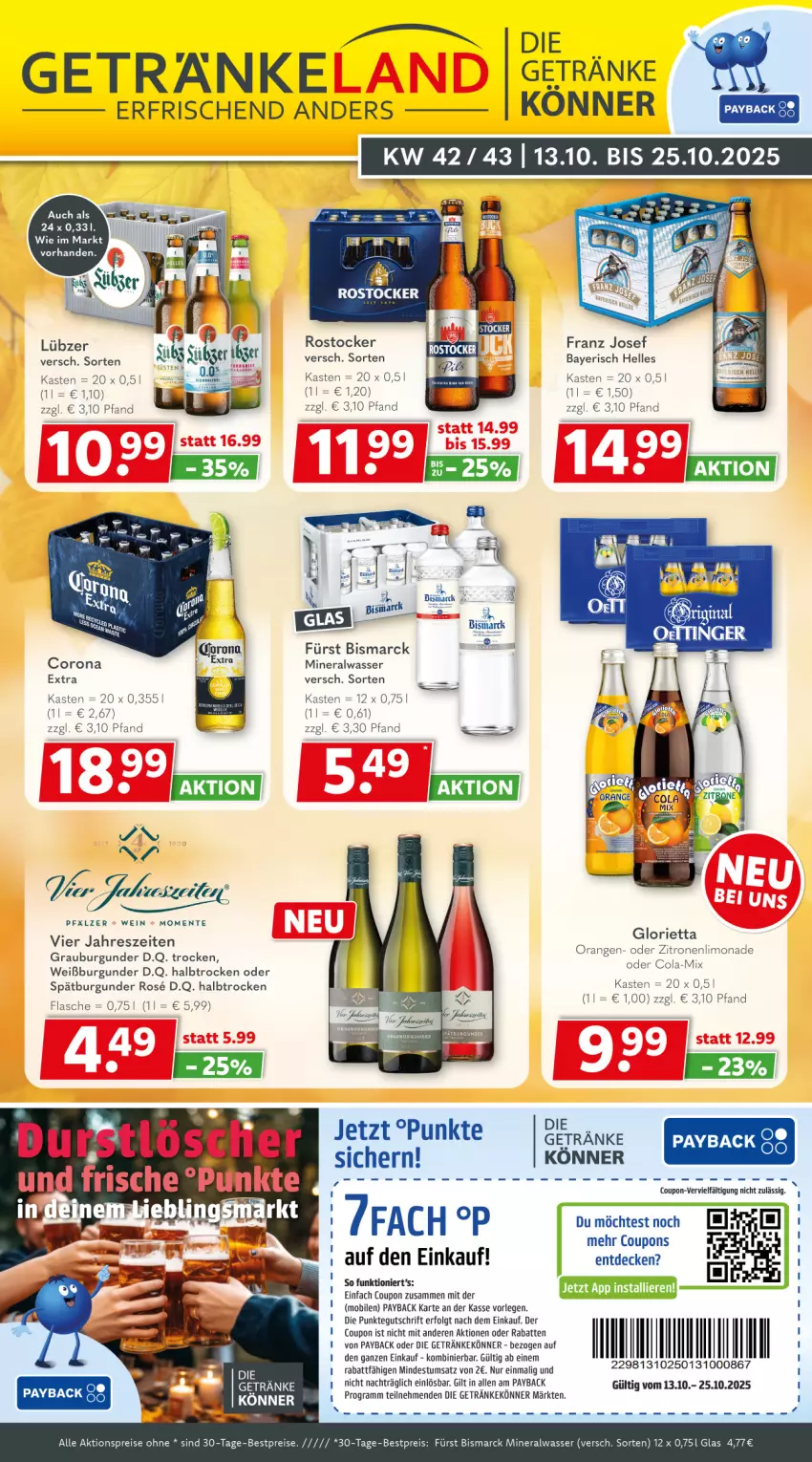 Aktueller Prospekt Getraenkeland - von 12.10 bis 24.10.2025 - strona 1 - produkty: aktionspreis, Alwa, bestpreis, bestpreise, bismarck, burgunder, cola, coupon, coupons, decke, eis, elle, ente, flasche, getränk, getränke, grauburgunder, LG, limo, limonade, Lübzer, mineralwasser, orange, orangen, payback, reis, Rostocker, spätburgunder, Ti, wasser, wein, Weißburgunder, zitrone, zitronen