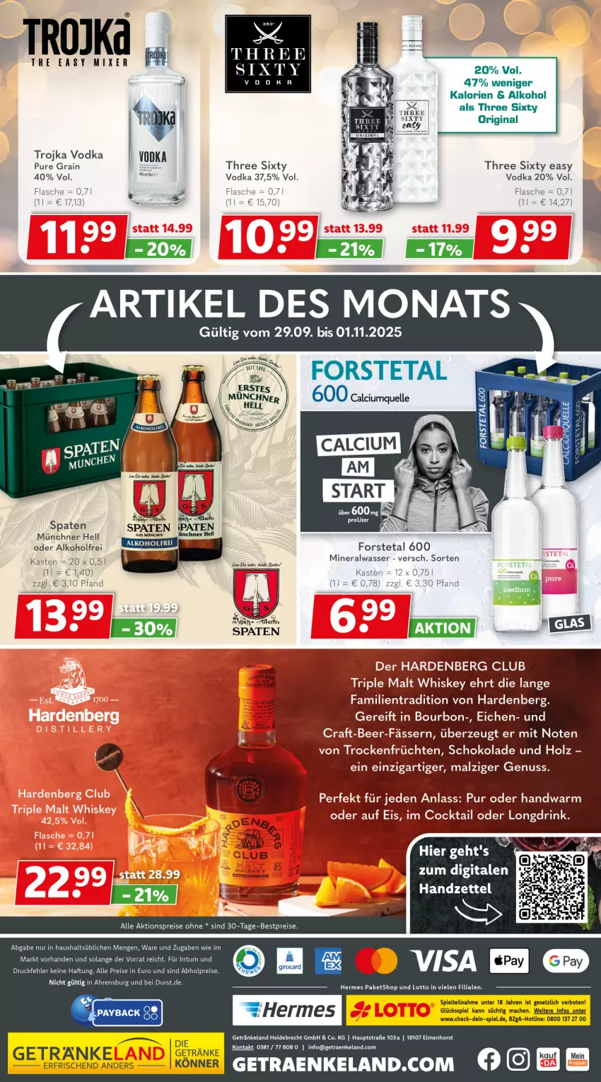 Aktueller Prospekt Getraenkeland - von 12.10 bis 24.10.2025 - strona 8 - produkty: abholpreise, aktionspreis, alkohol, Alwa, bestpreis, bestpreise, bourbon, cocktail, drink, eis, Elan, flasche, Forstetal, früchte, früchten, getränk, getränke, gin, Holz, mac, malz, mineralwasser, nuss, payback, reis, schoko, schokolade, Spaten, Three Sixty, Ti, Trockenfrüchte, vita, vodka, wasser, whiskey