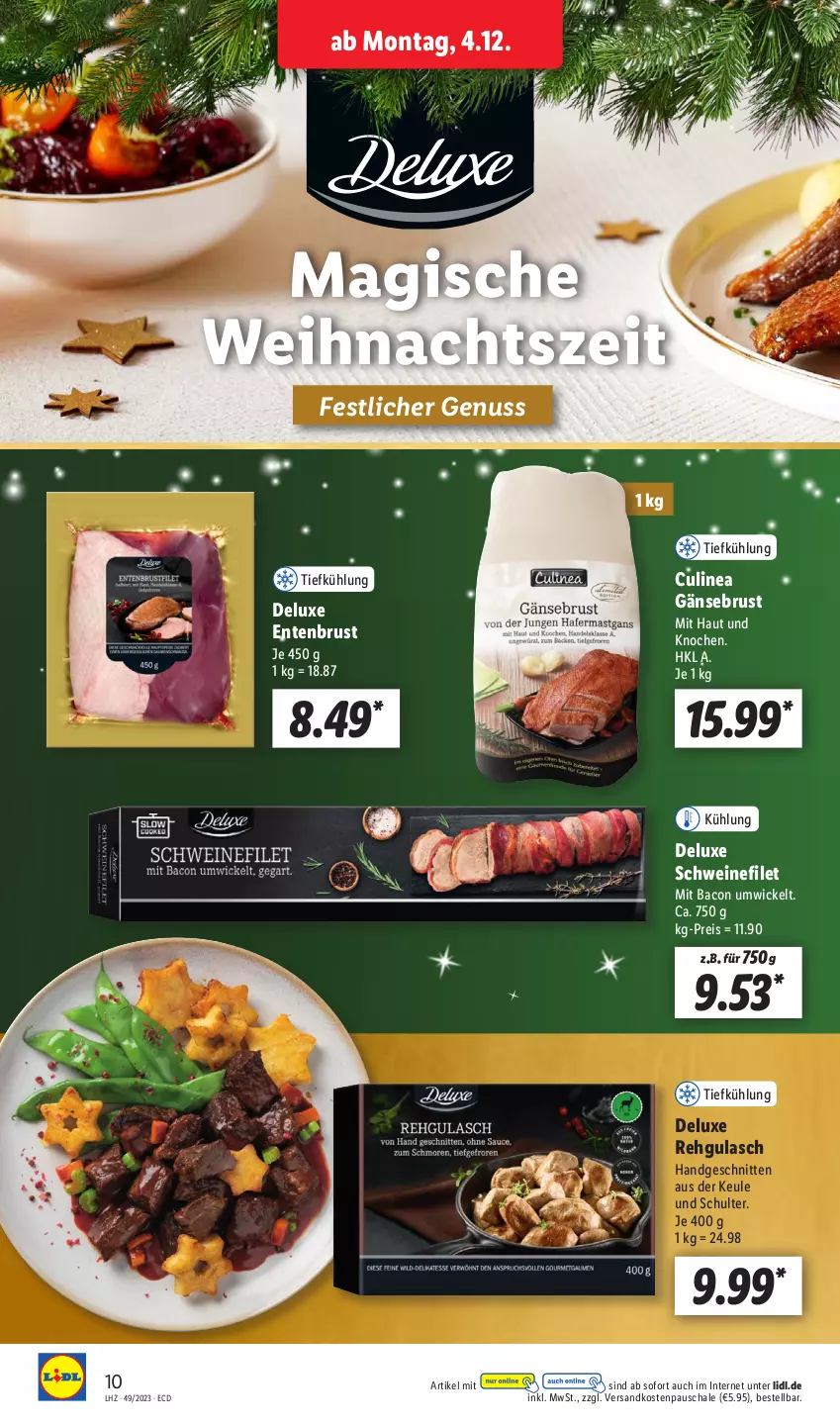 Aktueller Prospekt Lidl - Aktionsprospekt - von 04.12 bis 09.12.2023 - strona 10 - produkty: bacon, eis, ente, Entenbrust, filet, Gänsebrust, gulasch, ndk, nuss, reis, Schal, Schale, schnitten, schwein, schweine, schweinefilet, Ti, wein, weine, WICK