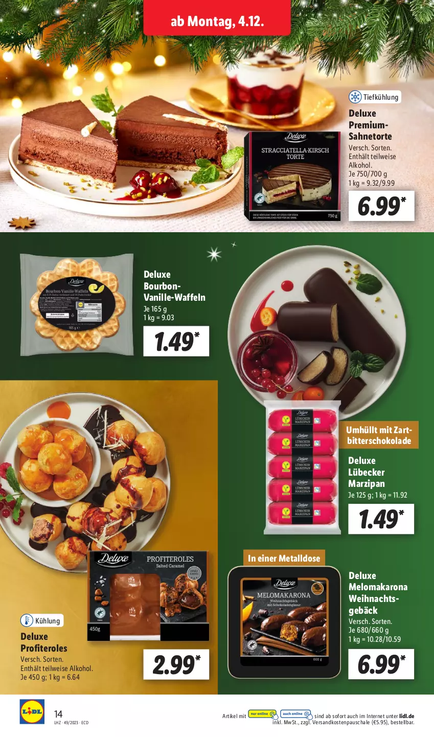 Aktueller Prospekt Lidl - Aktionsprospekt - von 04.12 bis 09.12.2023 - strona 14 - produkty: alkohol, bourbon, bourbonvanille, eis, Lübecker, marzipan, ndk, Profiteroles, sahne, Schal, Schale, schoko, schokolade, Ti, torte, vanille, waffeln, Zartbitterschokolade