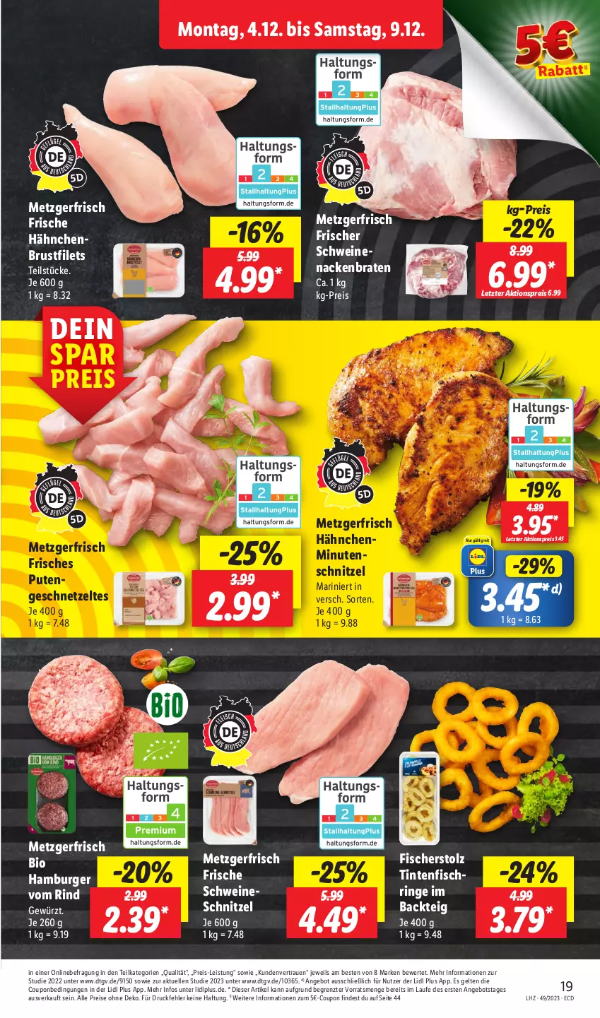 Aktueller Prospekt Lidl - Aktionsprospekt - von 04.12 bis 09.12.2023 - strona 21 - produkty: aktionspreis, angebot, bio, braten, brustfilet, burger, coupon, eis, elle, filet, filets, fisch, fische, Fischer, Frische Hähnchen, geschnetzeltes, gewürz, hamburger, pute, reis, rind, ring, schnitzel, schwein, schweine, Ti, wein, weine, Zelt, ZTE