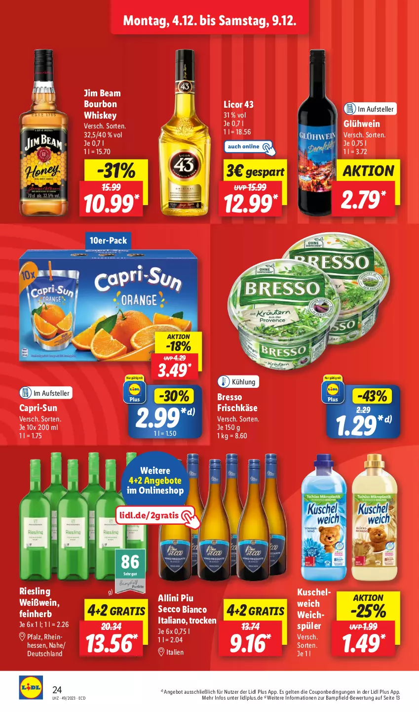 Aktueller Prospekt Lidl - Aktionsprospekt - von 04.12 bis 09.12.2023 - strona 26 - produkty: angebot, angebote, bourbon, bourbon whiskey, bresso, Cap, capri-sun, coupon, ecco, elle, frischkäse, Glühwein, jim beam, Käse, Kuschelweich, licor, licor 43, riesling, teller, Ti, weichspüler, wein, Weißwein, whiskey