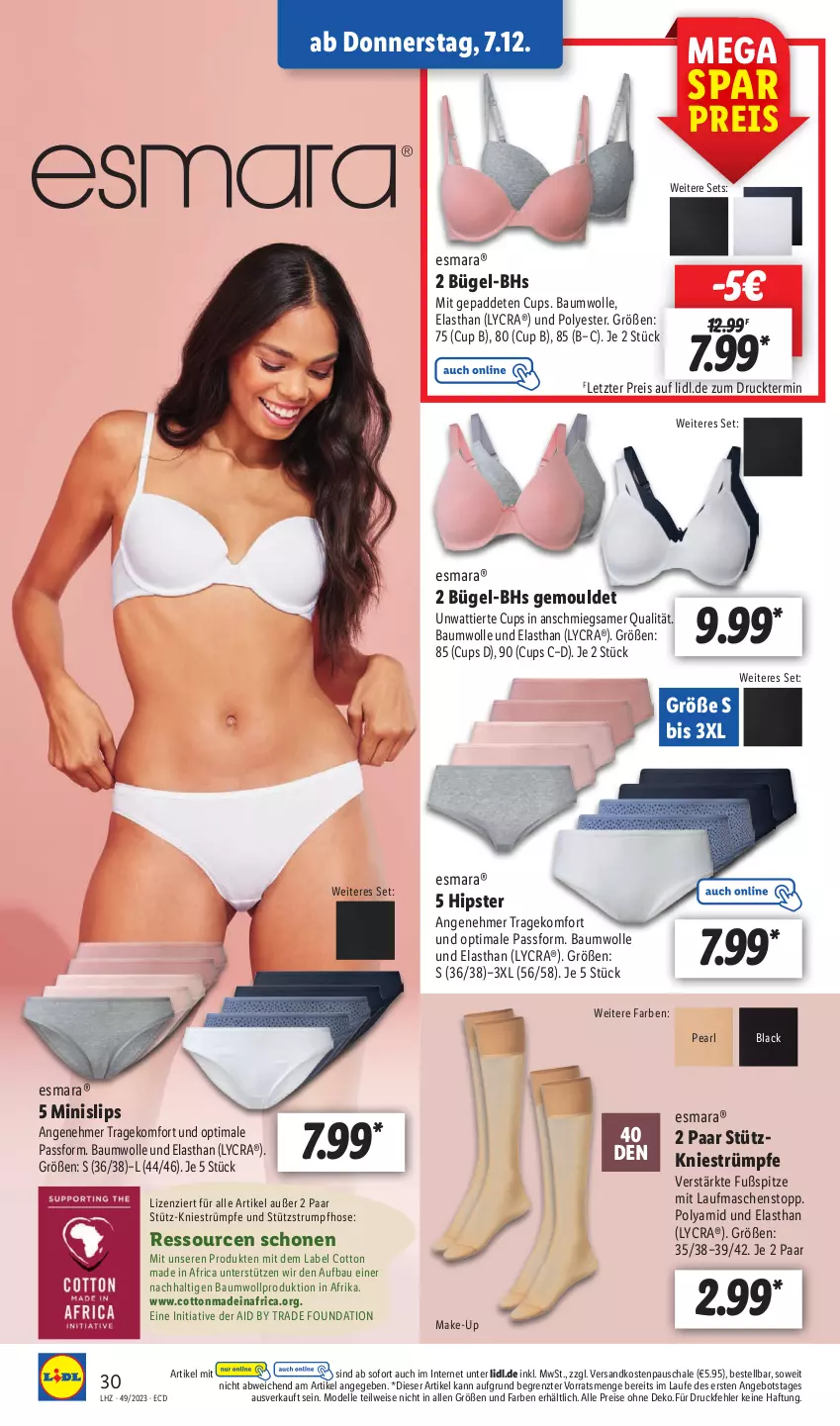 Aktueller Prospekt Lidl - Aktionsprospekt - von 04.12 bis 09.12.2023 - strona 34 - produkty: angebot, Bau, baumwolle, bügel, dell, eis, elle, esmara, hose, lack, Make-up, Minislip, Mode, ndk, reis, rum, Schal, Schale, slip, slips, strümpfe, Strumpfhose, Ti, wolle, ZTE