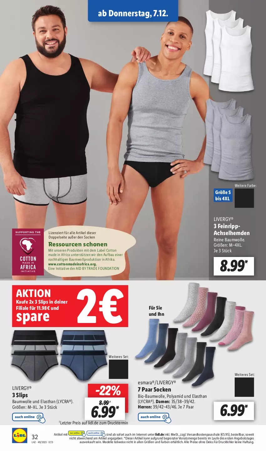 Aktueller Prospekt Lidl - Aktionsprospekt - von 04.12 bis 09.12.2023 - strona 36 - produkty: achselhemd, angebot, Bau, baumwolle, bio, bio-baumwolle, dell, eis, elle, esmara, hemd, hemden, livergy, Mode, ndk, reine baumwolle, reis, Schal, Schale, slip, slips, socken, Ti, wolle, ZTE