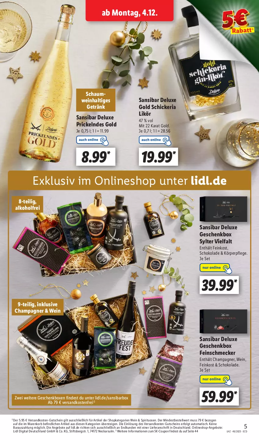 Aktueller Prospekt Lidl - Aktionsprospekt - von 04.12 bis 09.12.2023 - strona 5 - produkty: alkohol, angebot, angebote, auto, champagne, champagner, coupon, feinkost, feinschmecker, Geschenkbox, getränk, gutschein, korb, körperpflege, LG, likör, ndk, Ria, schoko, schokolade, spirituosen, Sylter, Ti, tisch, versandkostenfrei, wein