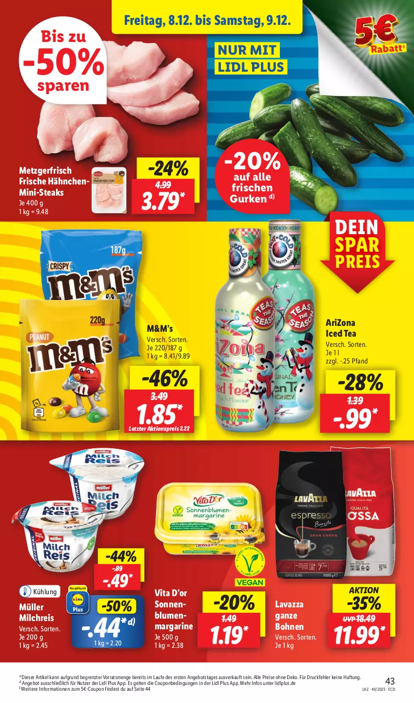 Aktueller Prospekt Lidl - Aktionsprospekt - von 04.12 bis 09.12.2023 - strona 59 - produkty: aktionspreis, angebot, blume, blumen, bohne, bohnen, coupon, eis, Frische Hähnchen, gurke, gurken, lavazza, lavazza ganze bohne, margarine, milch, milchreis, Müller, reis, steak, steaks, Ti, vita, ZTE