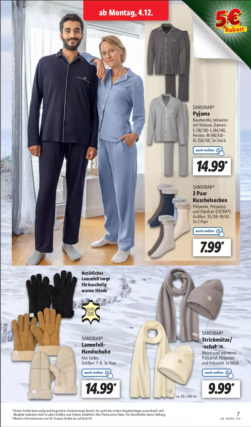 Aktueller Prospekt Lidl - Aktionsprospekt - von 04.12 bis 09.12.2023 - strona 7 - produkty: angebot, Bau, baumwolle, coupon, dell, eis, elle, handschuhe, Kuschelsocken, lamm, Lammfell, Mode, Mütze, Pyjama, reis, Schal, schuhe, socken, Ti, wolle, ZTE