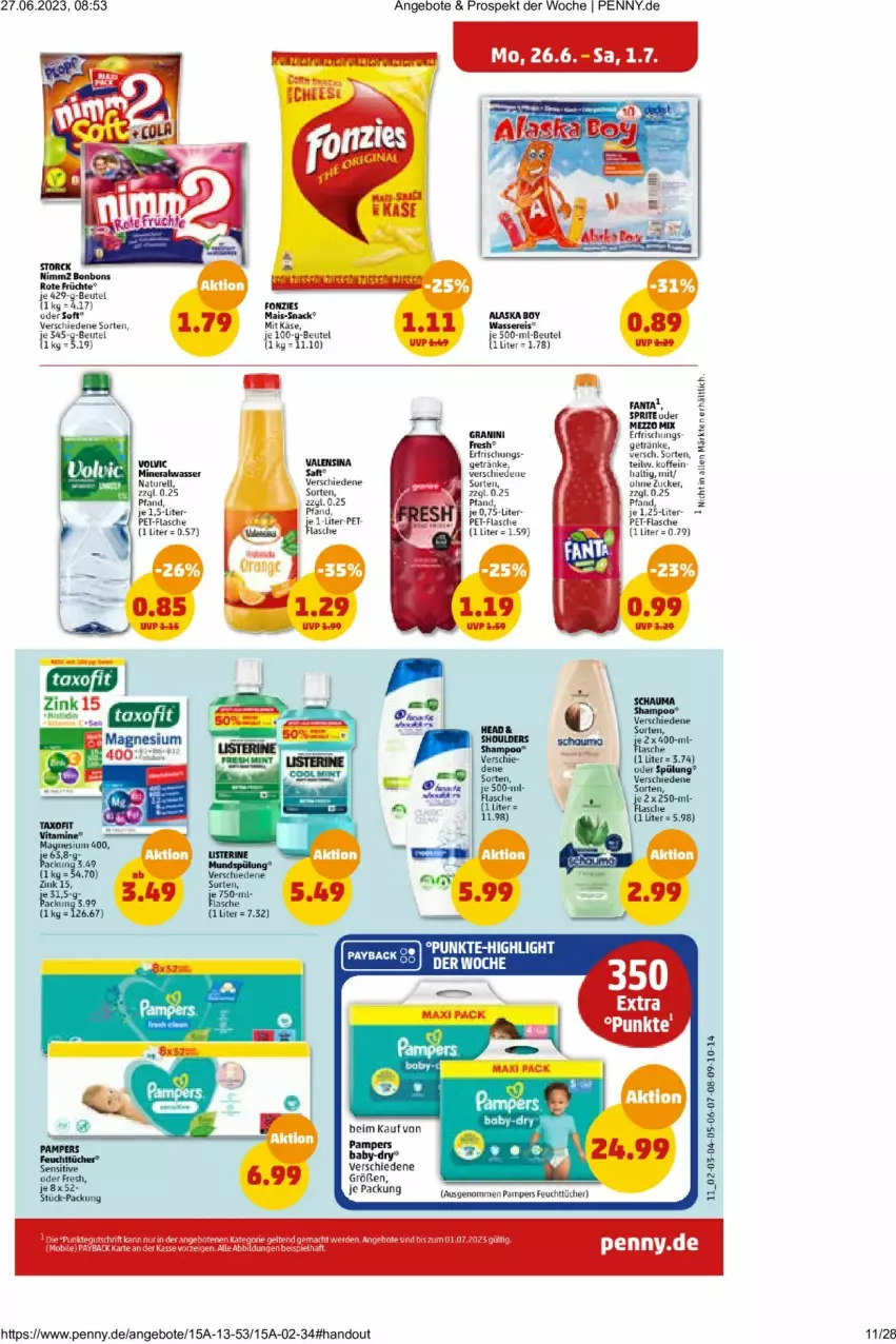 Aktueller Prospekt Penny - Prospekte - von 26.06 bis 01.07.2023 - strona 11 - produkty: Alwa, angebot, angebote, baby-dry, fanta, feuchttücher, flasche, getränk, getränke, granini, magnesium, magnesium 400, mineralwasser, natur, pampers, rel, saft, sprite, Taxofit, Ti, tücher, valensina, vita, Vitamine, wasser