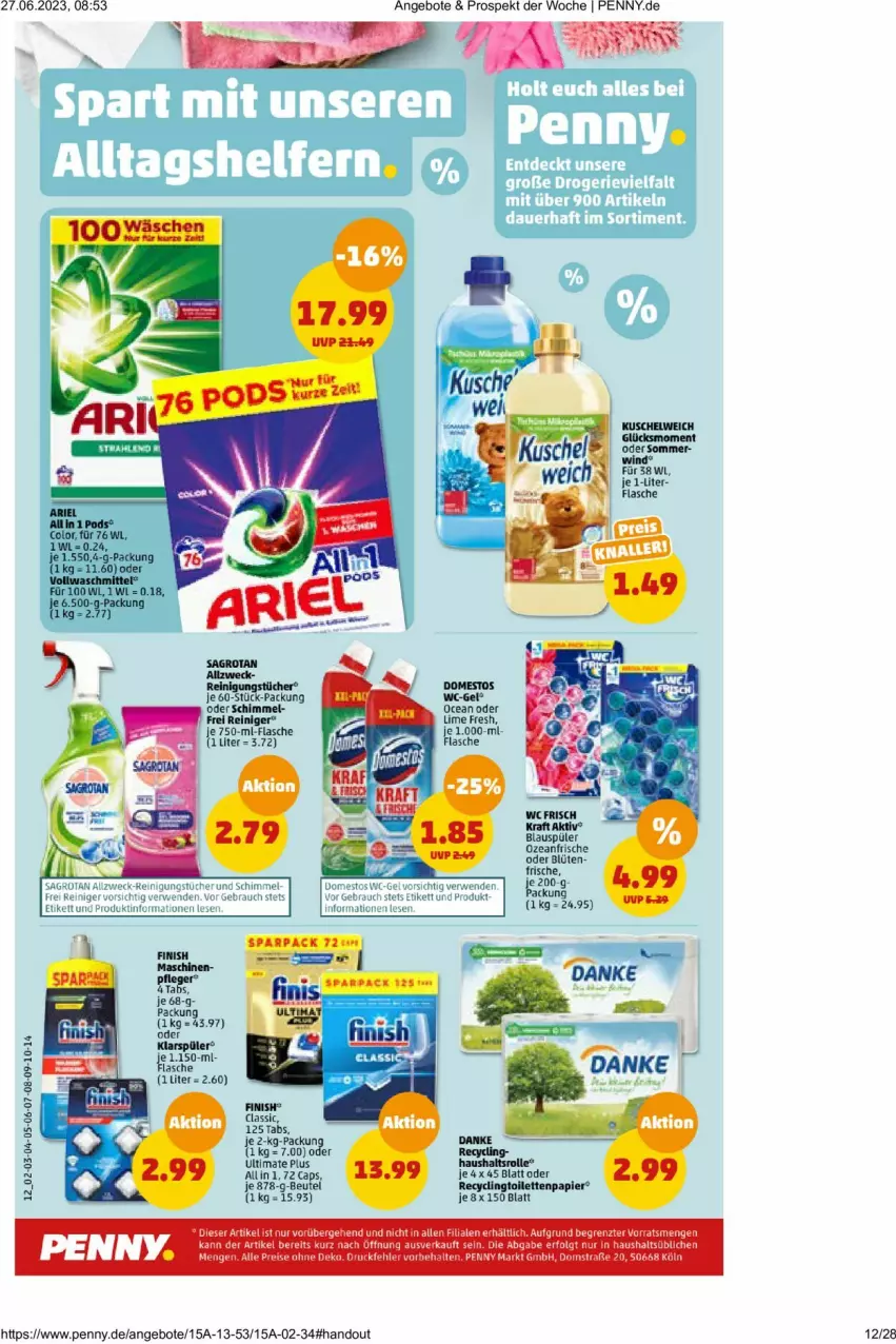 Aktueller Prospekt Penny - Prospekte - von 26.06 bis 01.07.2023 - strona 12 - produkty: angebot, angebote, ariel, auer, Blüte, domestos, Finish, jeans, klarspüler, Rauch, reiniger, Reinigung, rwe, sagrotan, Ti, tuc, wc-gel, weck