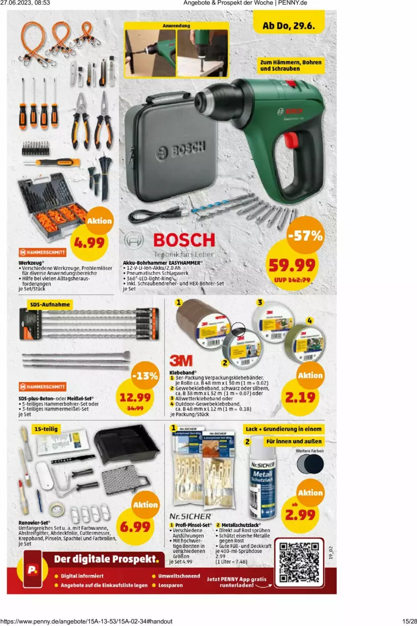 Aktueller Prospekt Penny - Prospekte - von 26.06 bis 01.07.2023 - strona 15 - produkty: akku, Akku-Bohrhammer, angebot, angebote, Beba, Bohrer-Set, Bohrhammer, eis, kraft, lack, li-ion-akku, messer, Metallschutzlack, Pinsel, schrauben, spachtel, Ti, tisch, werkzeug, werkzeuge, Yo