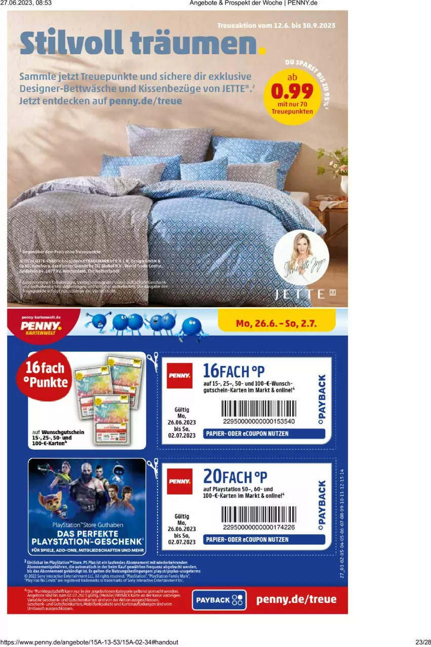 Aktueller Prospekt Penny - Prospekte - von 26.06 bis 01.07.2023 - strona 23 - produkty: angebot, angebote, bett, bettwäsche, coupon, decke, gutschein, gutschein-karte, Heu, kissen, lays, papier, payback, PlayStation, PlayStation 5, Spiele, Ti