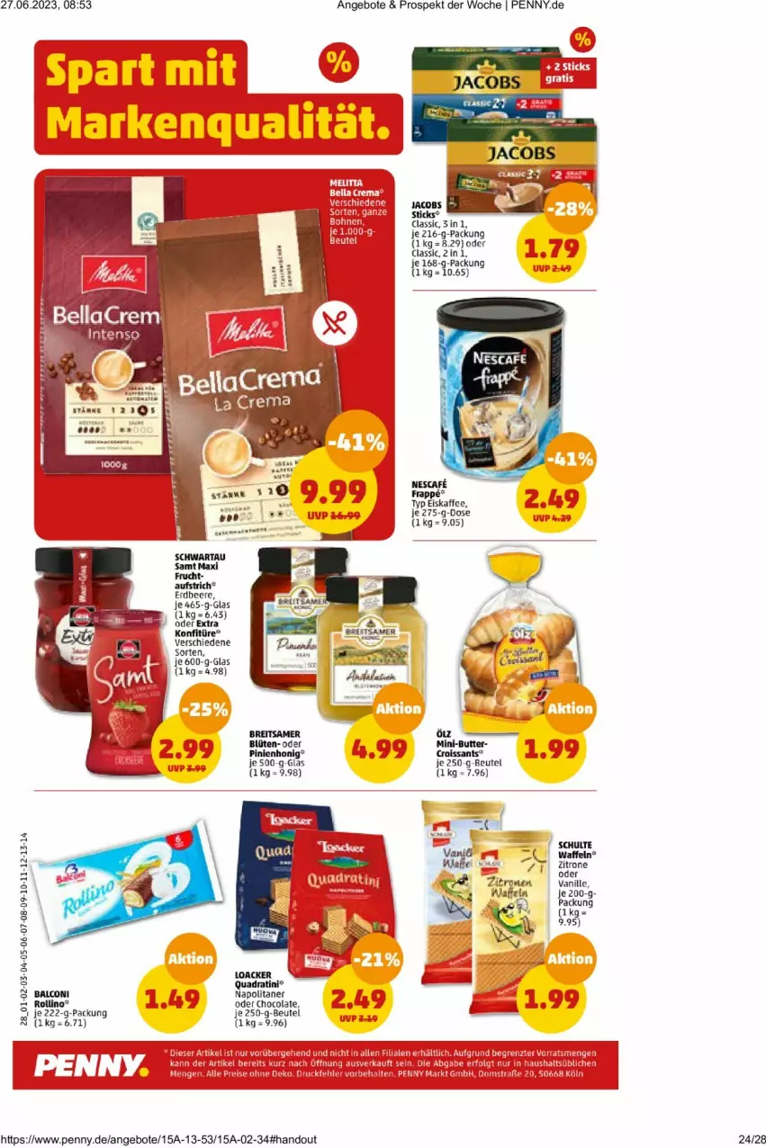 Aktueller Prospekt Penny - Prospekte - von 26.06 bis 01.07.2023 - strona 24 - produkty: angebot, angebote, aufstrich, beere, Blüte, Brei, eis, eiskaffee, erdbeere, honig, kaffee, vanille, waffeln, zitrone, zitronen