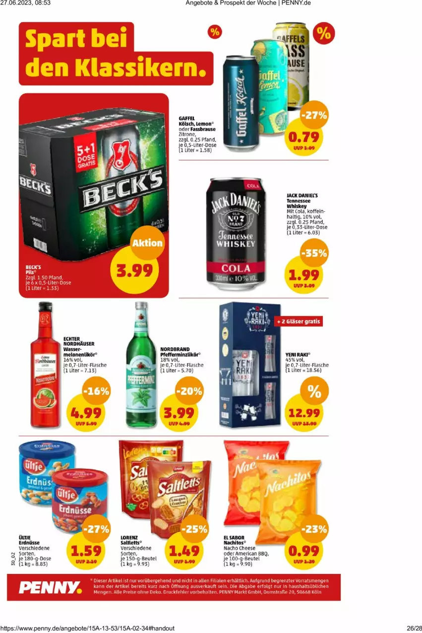 Aktueller Prospekt Penny - Prospekte - von 26.06 bis 01.07.2023 - strona 26 - produkty: angebot, angebote, beutel, brause, cola, fassbrause, flasche, likör, nacho, nacho cheese, nordbrand, pfeffer, pfefferminzlikör, tennessee whiskey, Ti, whiskey, yeni raki, zitrone