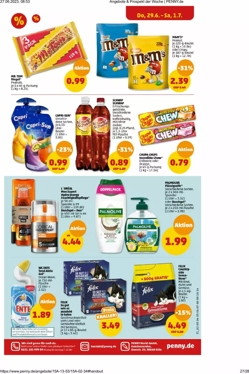 Aktueller Prospekt Penny - Prospekte - von 26.06 bis 01.07.2023 - strona 27 - produkty: angebot, angebote, beere, beutel, Cap, capri-sun, chupa, chupa chups, deo, erdbeere, flasche, gelee, Heu, mam, olive, orange, palmolive, pet-flasche, riegel, Schwip Schwap, Ti, zucker