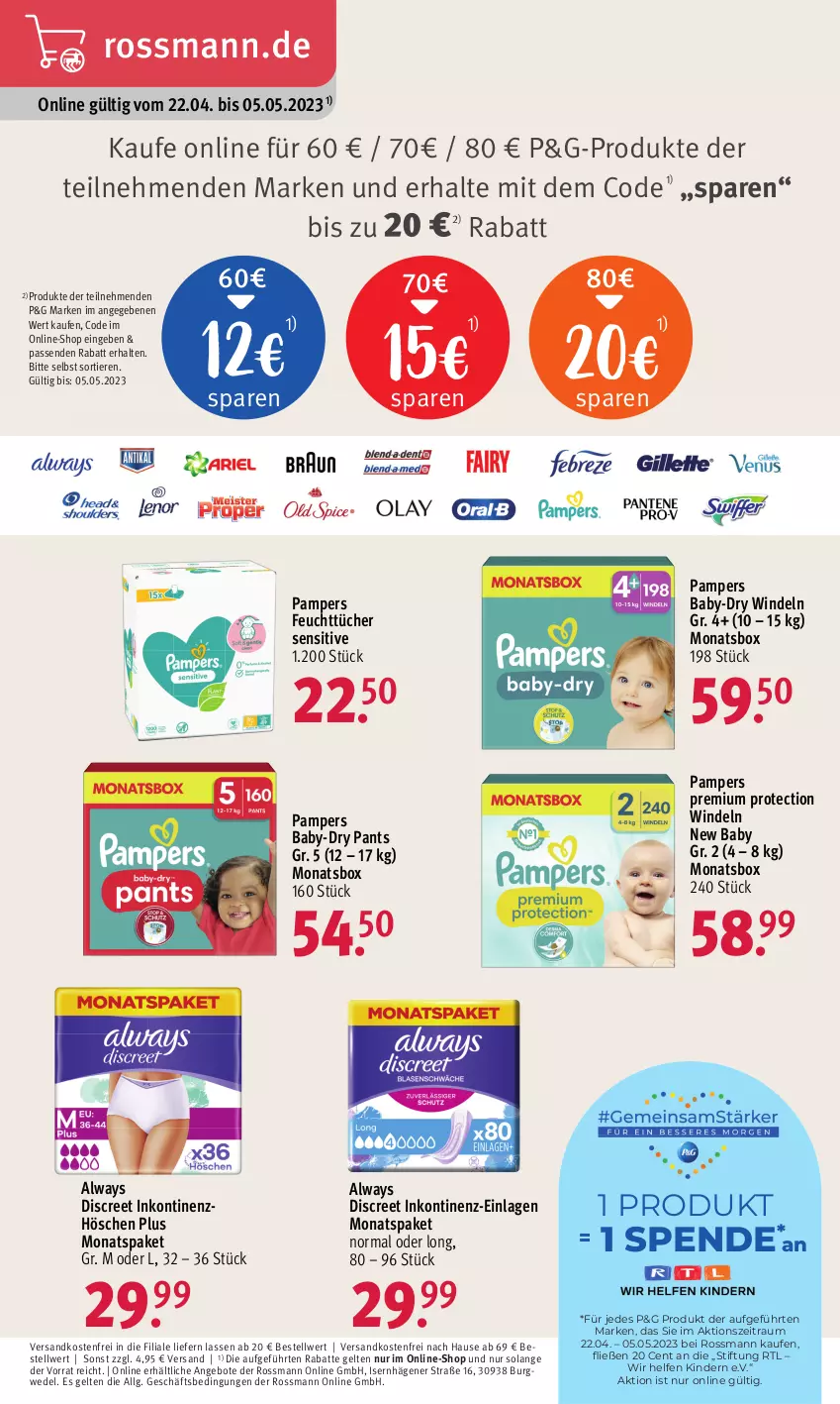 Aktueller Prospekt Rossmann - Prospekte - von 22.04 bis 05.05.2023 - strona 5 - produkty: Alwa, Always, angebot, angebote, baby-dry, Discreet, feuchttücher, Kinder, LG, ndk, pampers, Pants, Ti, Tiere, tücher, versandkostenfrei, wedel, windeln