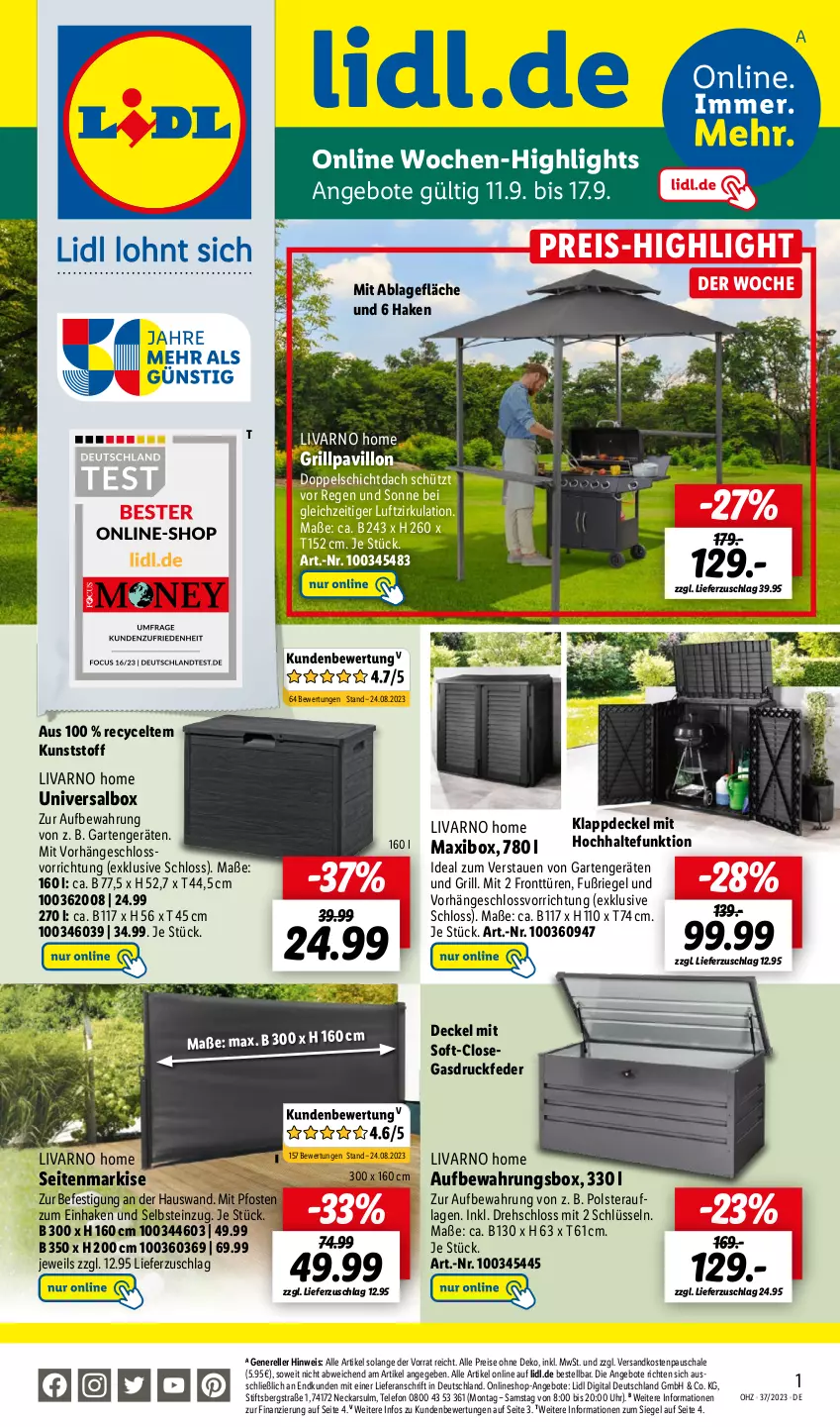 Aktueller Prospekt Lidl - Wochen-Highlights im Onlineshop - von 11.09 bis 17.09.2023 - strona 1 - produkty: angebot, angebote, aufbewahrungsbox, decke, Deckel, eis, elle, Garten, grill, Grillpavillon, ndk, pavillon, reis, rel, riegel, Schal, Schale, Seitenmarkise, telefon, Ti, uhr