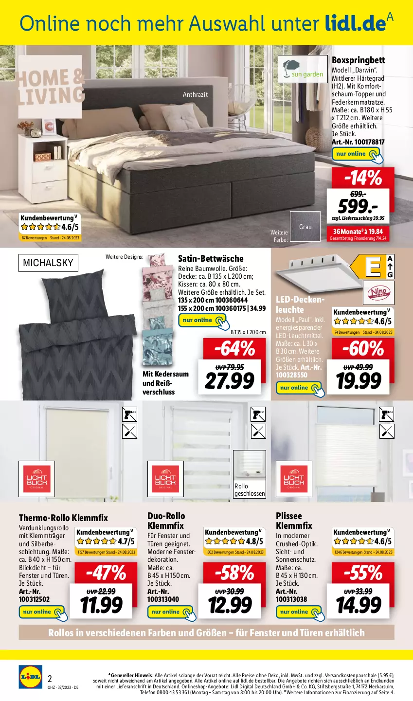 Aktueller Prospekt Lidl - Wochen-Highlights im Onlineshop - von 11.09 bis 17.09.2023 - strona 2 - produkty: angebot, angebote, Bau, baumwolle, bett, bettwäsche, boxspringbett, decke, deckenleuchte, dekoration, dell, eis, elle, erde, federkern, federkernmatratze, fenster, Fenster und Türen, kernmatratze, kissen, led-deckenleuchte, Leuchte, leuchtmittel, matratze, Mode, ndk, reine baumwolle, reis, rel, ring, satin-bettwäsche, Schal, Schale, sonnenschutz, telefon, thermo-rollo, Ti, topper, uhr, verdunklungsrollo, wolle