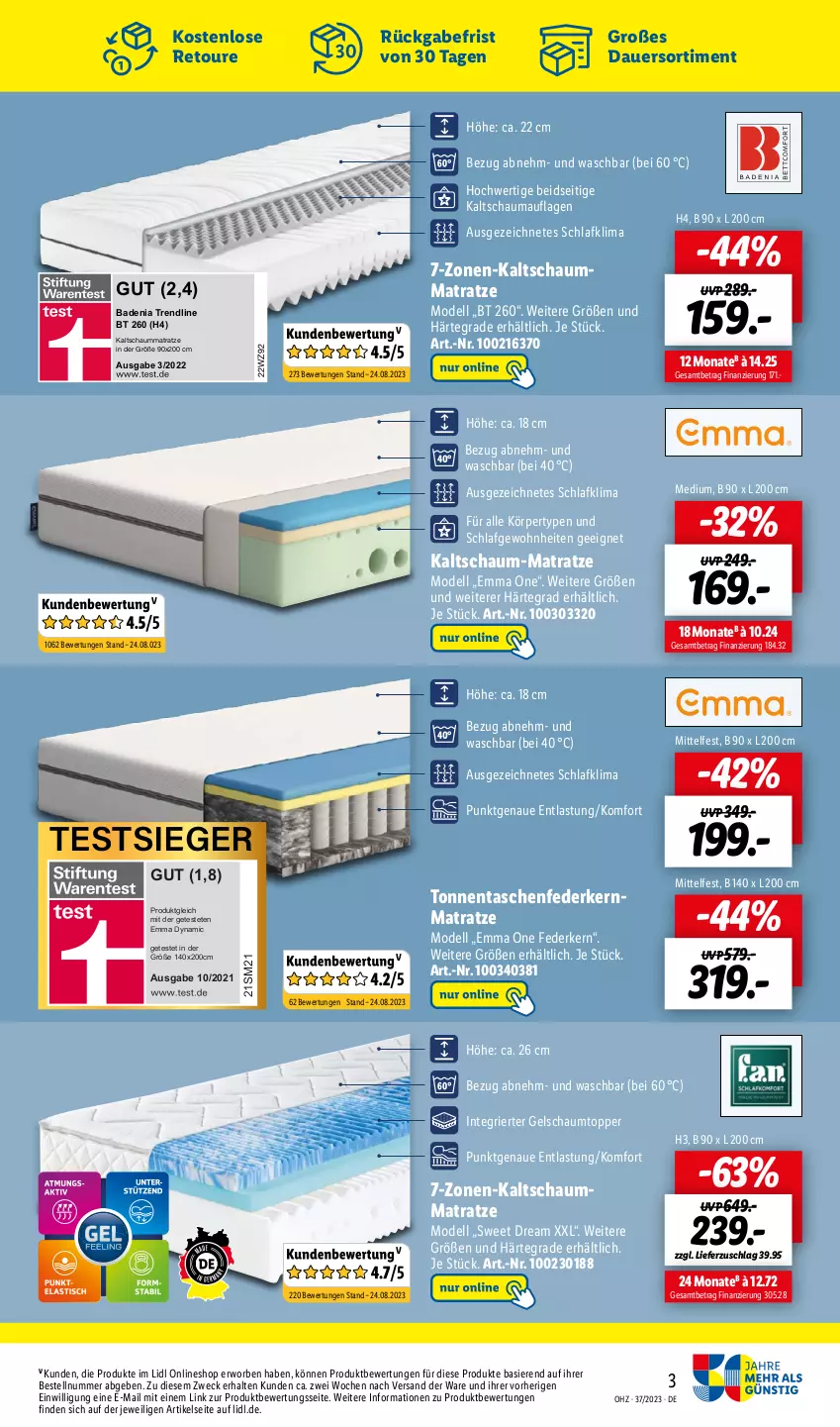 Aktueller Prospekt Lidl - Wochen-Highlights im Onlineshop - von 11.09 bis 17.09.2023 - strona 3 - produkty: auer, Bad, dell, federkern, federkernmatratze, kaltschaum-matratze, kaltschaummatratze, kernmatratze, matratze, Mode, schauma, Schaummatratze, Tasche, taschen, taschenfederkernmatratze, Ti, topper, weck