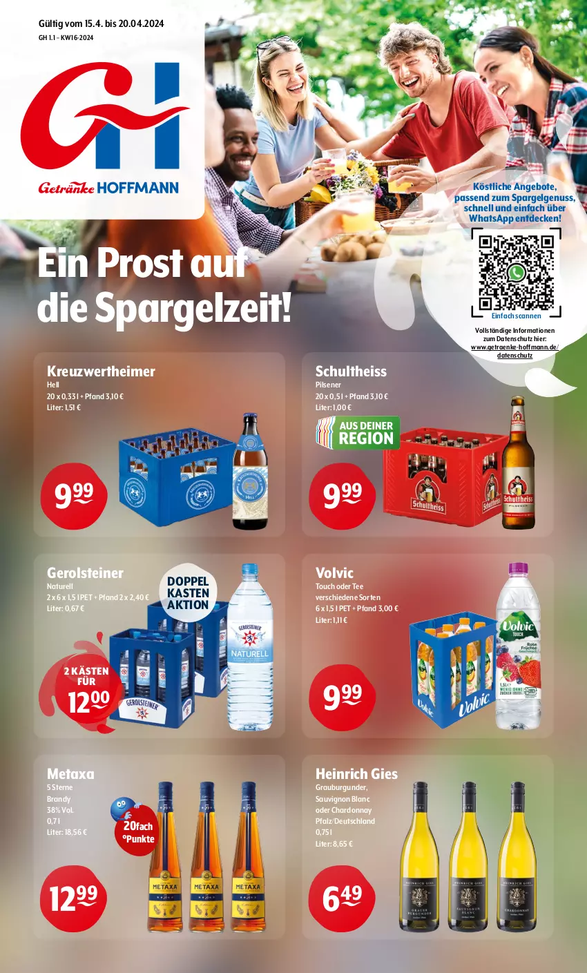 Aktueller Prospekt Getraenke Hoffmann - Prospekte - von 15.04 bis 20.04.2024 - strona 1 - produkty: angebot, angebote, burgunder, chardonnay, decke, eimer, eis, gerolsteine, gerolsteiner, grauburgunder, LG, Metaxa, natur, nuss, pils, pilsener, rel, sauvignon, sauvignon blanc, Schultheiss, spargel, steiner, tee, Ti, volvic