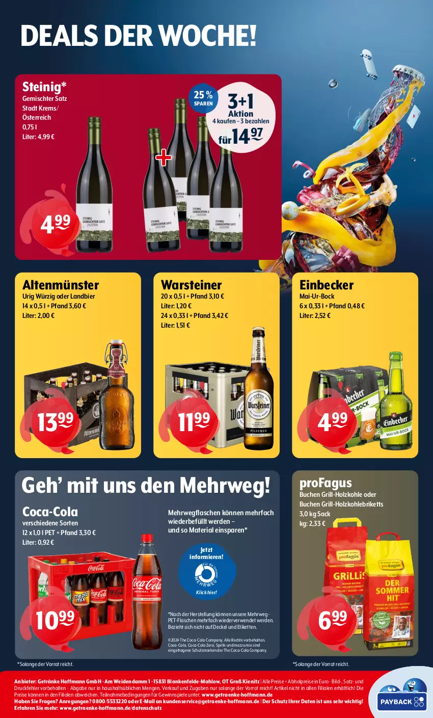 Aktueller Prospekt Getraenke Hoffmann - Prospekte - von 15.04 bis 20.04.2024 - strona 8 - produkty: abholpreise, Altenmünster, bier, briketts, buch, coca-cola, cola, decke, Deckel, eis, erde, flasche, Gemischter Satz, getränk, getränke, gewinnspiel, grill, grill-holzkohle, Holz, holzkohle, Kette, Mezzo Mix, pet-flasche, pet-flaschen, profagus, reis, Ria, rwe, sac, Spiele, sprite, steiner, Ti, warsteiner