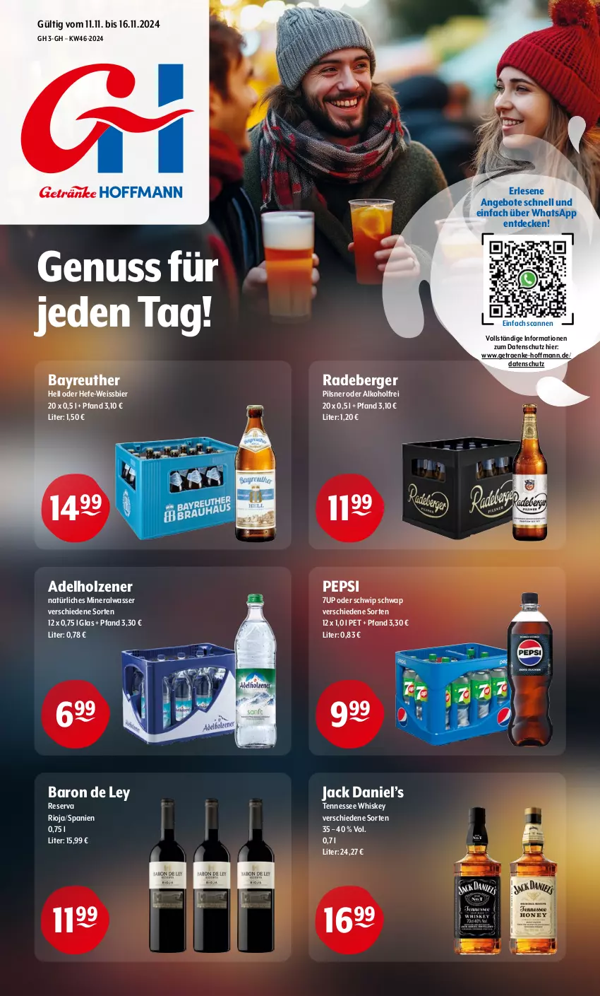 Aktueller Prospekt Getraenke Hoffmann - Prospekte - von 11.11 bis 16.11.2024 - strona 1 - produkty: 7UP, adelholzener, alkohol, Alwa, angebot, angebote, Berger, bier, decke, eis, Hefe, Holz, jack daniel, Jack Daniel’s, mineralwasser, natürliches mineralwasser, nuss, pepsi, pils, pilsner, radeberger, rioja, Schwip Schwap, tennessee whiskey, Ti, wasser, weissbier, whiskey