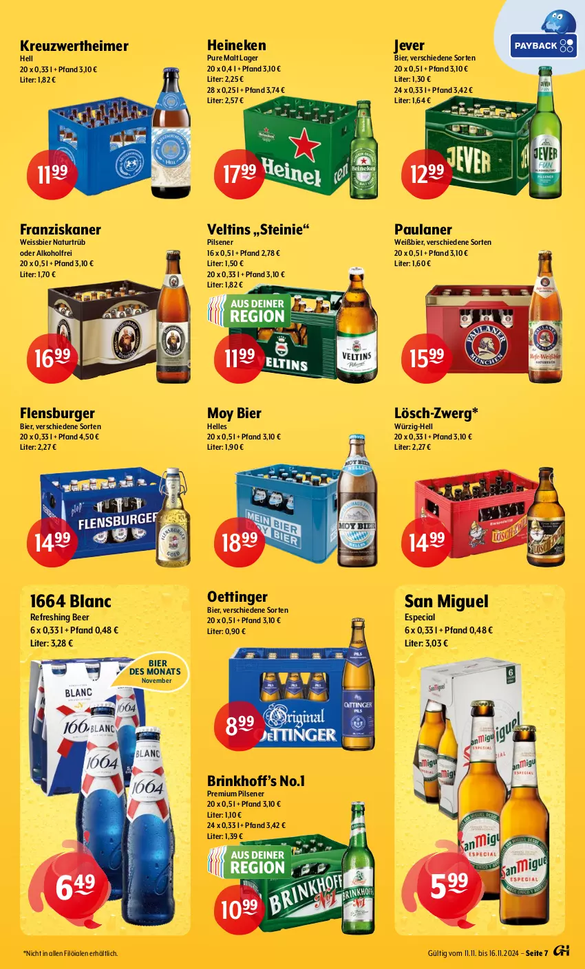 Aktueller Prospekt Getraenke Hoffmann - Prospekte - von 11.11 bis 16.11.2024 - strona 7 - produkty: alkohol, bier, burger, eimer, eis, elle, flensburger, franziskaner, heineken, jever, Moy Bier, natur, oettinger, Paula, paulaner, pils, pilsener, premium pils, Ti, veltins, weissbier