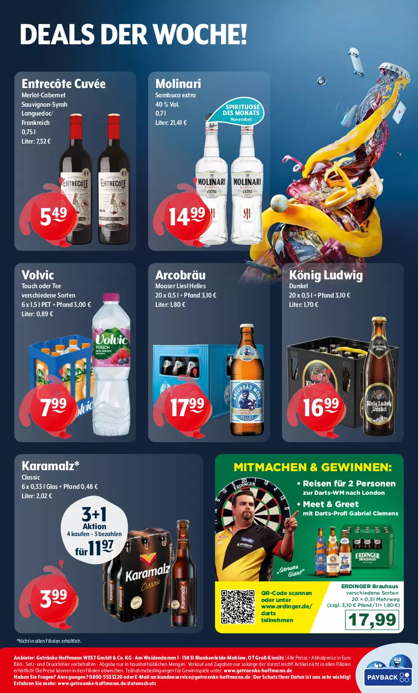 Aktueller Prospekt Getraenke Hoffmann - Prospekte - von 11.11 bis 16.11.2024 - strona 8 - produkty: abholpreise, bier, brie, cabernet, cabernet sauvignon, cuvée, eis, elle, entrecôte, erdinger, Germ, getränk, getränke, gewinnspiel, karamalz, mac, malz, merl, merlot, Molinari, rama, reis, rwe, sambuca, sauvignon, Spiele, tee, Ti, volvic