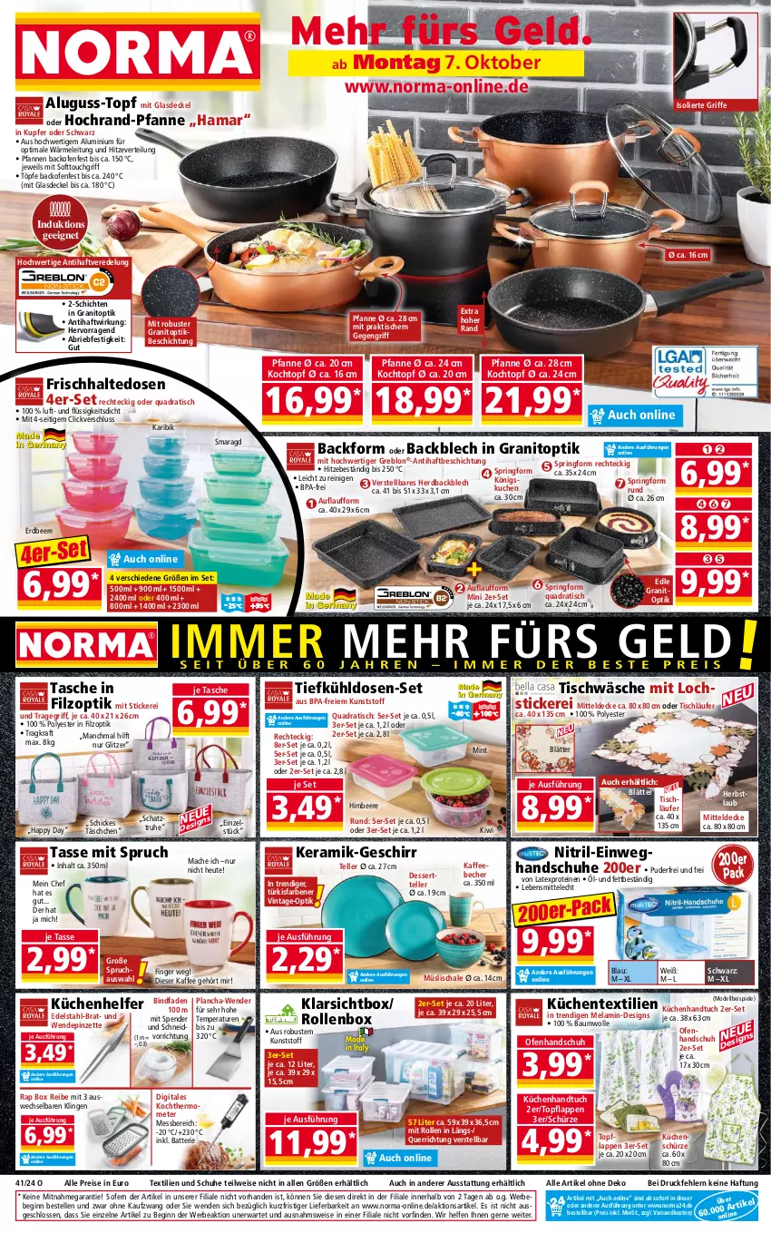 Aktueller Prospekt Norma - Norma - von 07.10 bis 14.10.2024 - strona 1 - produkty: Backform, backofen, batterie, Bau, baumwolle, Bebe, Becher, beere, brie, decke, Deckel, dell, dessert, Dessertteller, edelstahl, eis, elle, ente, erdbeere, frischhaltedosen, geschirr, gin, Glasdeckel, hama, handschuhe, handtuch, Happy Day, Heu, himbeer, himbeere, kaffee, kaffeebecher, kiwi, Klarsichtbox, Kochtopf, kraft, küche, Küchen, kuchen, Küchenhelfer, Küchenschürze, Läufer, lebensmittel, mac, mint, mitteldecke, Mode, müsli, Müslischale, ndk, Ofen, pfanne, pfannen, Pinzette, quad, reis, ring, Rollenbox, Schal, Schale, schuhe, Schürze, Spiele, Springform, Tasche, tasse, teller, thermometer, Ti, tisch, tischläufer, Tischwäsche, topf, tragegriff, tuc, wolle