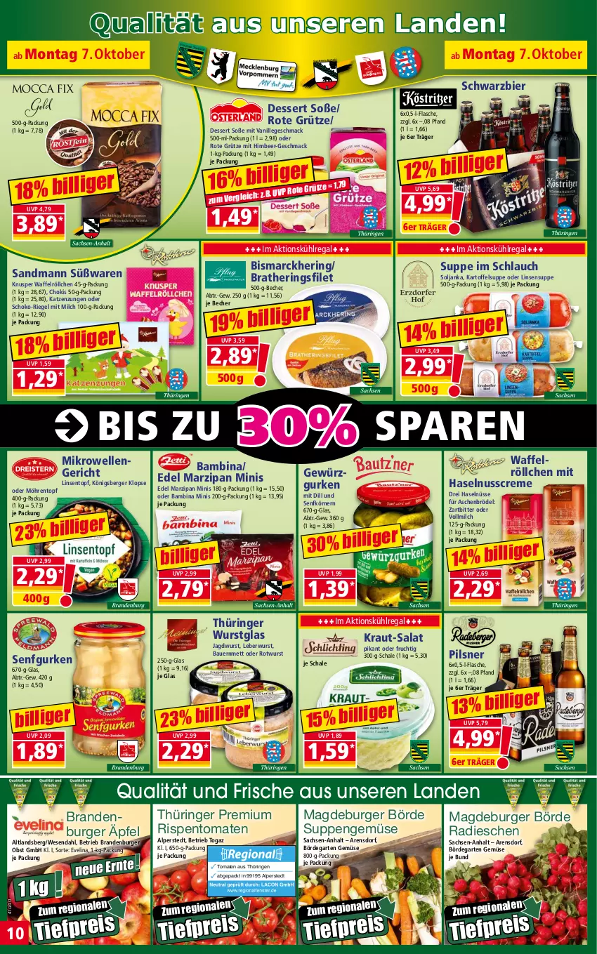 Aktueller Prospekt Norma - Norma - von 07.10 bis 14.10.2024 - strona 10 - produkty: auer, Bau, Bauer, Becher, Berger, bier, bismarck, Brandenburger äpfel, burger, creme, dessert, eis, elle, filet, flasche, frucht, Garten, gewürz, Gewürzgurke, gewürzgurken, grütze, gurke, gurken, haselnuss, Haselnusscreme, hering, Herings, himbeer, jagdwurst, kartoffel, Kartoffelsuppe, Königsberger Klopse, Kraut, kühlregal, leberwurst, linsen, mac, marzipan, Mett, mikrowelle, milch, möhren, nuss, obst, pils, pilsner, radieschen, regal, reis, riegel, ring, rispentomaten, Rote Grütze, Rotwurst, sac, salat, Schal, Schale, schlauch, schoko, senf, Soße, suppe, suppen, Ti, tiefpreis, tomate, tomaten, topf, vanille, vollmilch, Waffelröllchen, wurst