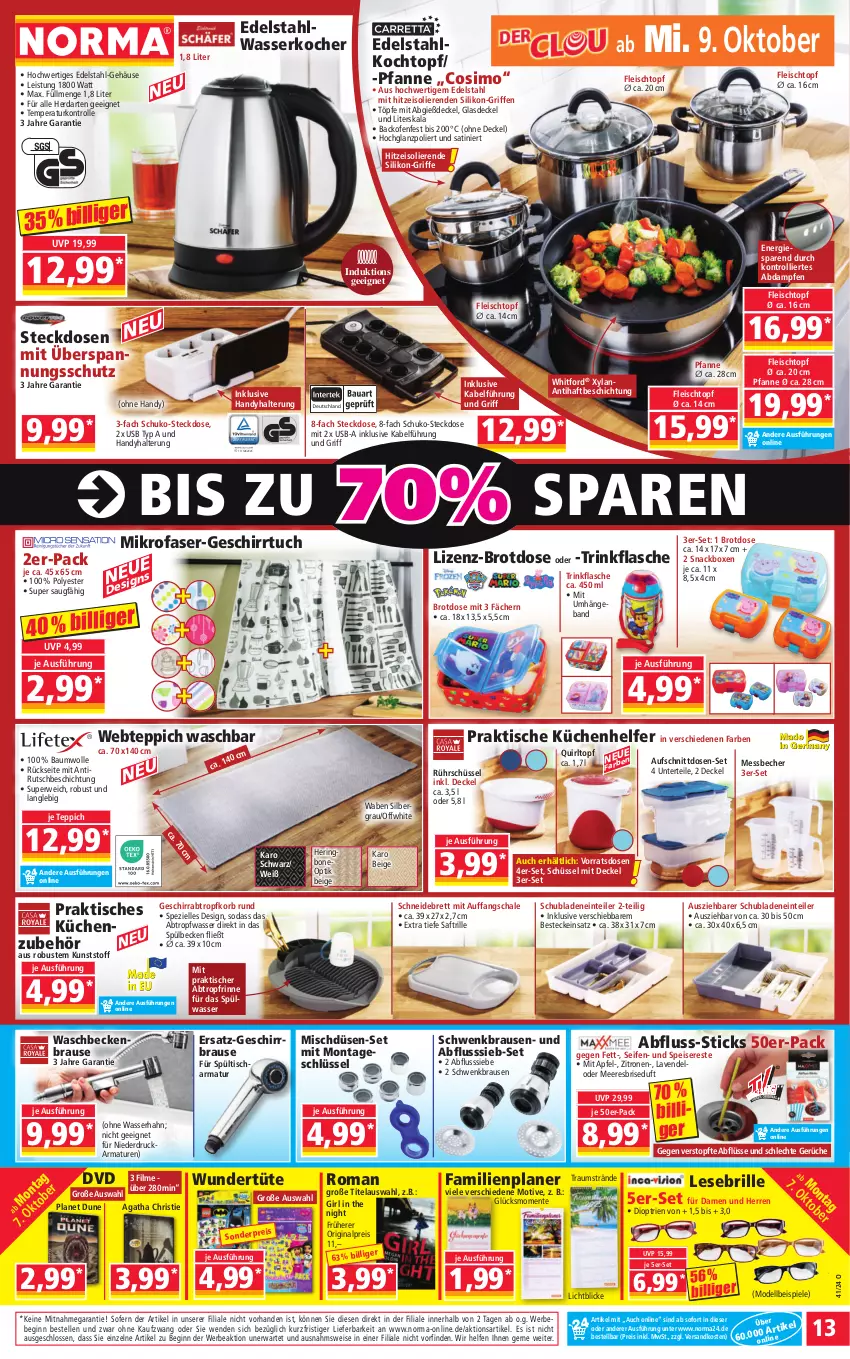 Aktueller Prospekt Norma - Norma - von 07.10 bis 14.10.2024 - strona 13 - produkty: apfel, armatur, armaturen, aufschnitt, backofen, Bau, baumwolle, Bebe, Becher, besteck, bestecke, brause, Brille, brot, Brotdose, decke, Deckel, dell, dvd, edelstahl, Einteiler, eis, elle, ente, Familienplaner, flasche, fleisch, Fleischtopf, geschirr, geschirrtuch, gin, Glasdeckel, Handy, herdarten, hering, hochglanz, Kocher, Kochtopf, korb, küche, Küchen, Küchenhelfer, lavendel, Messbecher, mikrofaser, Mode, ndk, Ofen, pfanne, reis, ring, Rührschüssel, rwe, saft, Schal, Schale, schneidebrett, schubladen, schüssel, Seife, sim, snack, Soda, Spezi, Spiele, Spültischarmatur, steckdose, teppich, Ti, tisch, topf, trinkflasche, trolli, tuc, Tüte, usb, waschbecken, wasser, wasserkocher, webteppich, wolle, zitrone, zitronen