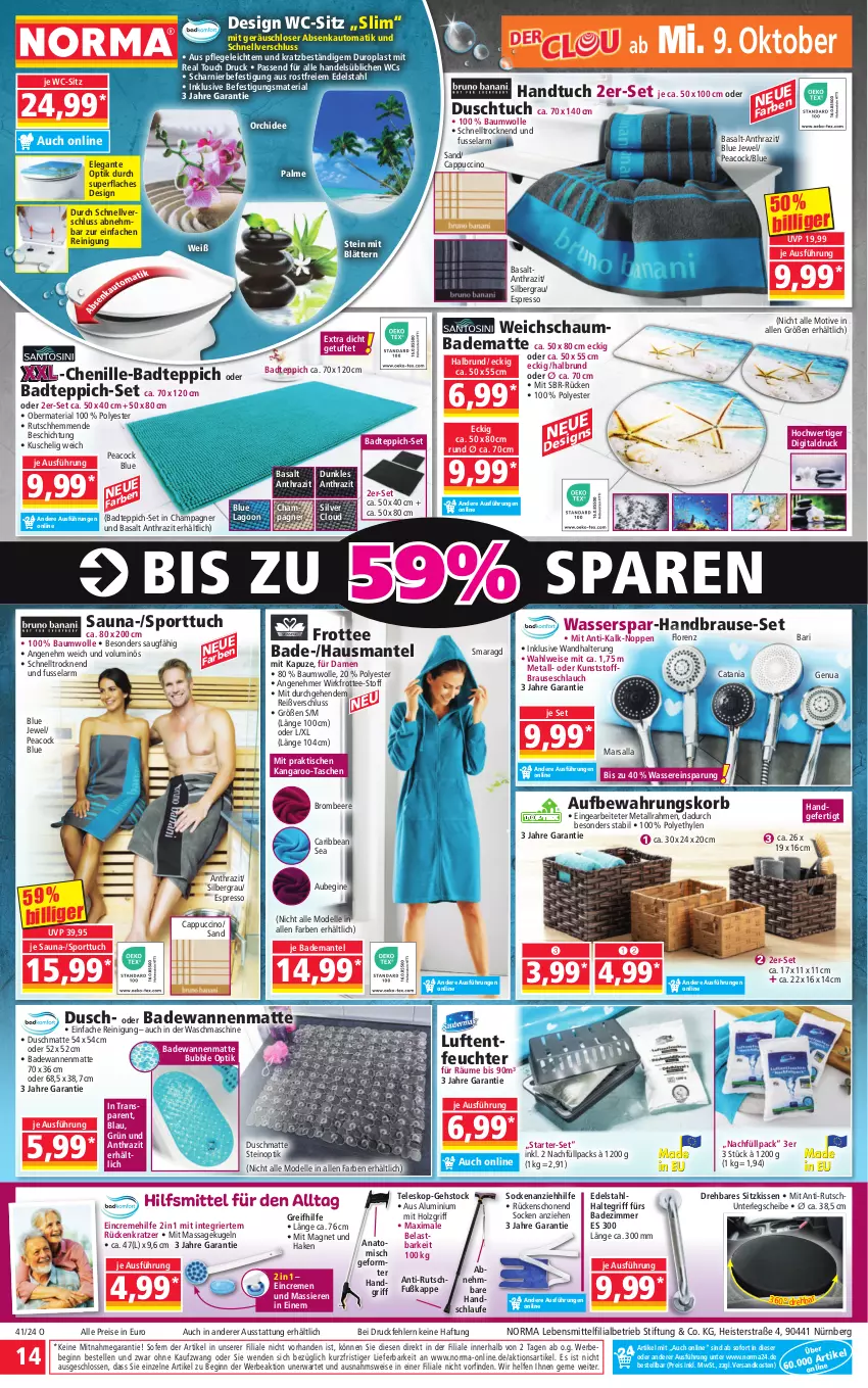 Aktueller Prospekt Norma - Norma - von 07.10 bis 14.10.2024 - strona 14 - produkty: auto, Bad, Bademantel, badematte, Badewanne, badteppich, Bau, baumwolle, Bebe, beere, brause, brauseschlauch, brombeere, Cap, cappuccino, champagne, champagner, cin, creme, dell, Duschmatte, duschtuch, edelstahl, eis, elle, espresso, gin, handbrause, handtuch, Holz, kissen, korb, Kugel, lebensmittel, lorenz, Luftentfeuchter, Mantel, mars, Mode, ndk, orchidee, passend für alle, Reinigung, reis, Ria, schaumbad, schlauch, sitzkissen, socken, Sport, Tasche, taschen, tee, Teleskop, teppich, Ti, tisch, tuc, wandhalterung, Wanne, waschmaschine, wasser, wc-sitz, wolle