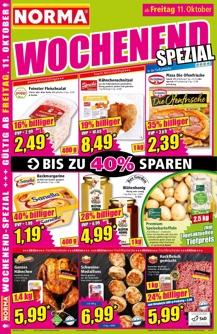 Aktueller Prospekt Norma - Norma - von 07.10 bis 14.10.2024 - strona 16 - produkty: Becher, beutel, Blüte, blütenhonig, braten, die ofenfrische, eis, fleisch, fleischsalat, gewürz, gurke, hackfleisch, hackfleisch gemischt, hähnchenbrust, Hähnchenschnitzel, honig, kartoffel, kartoffeln, latte, lebensmittel, mac, margarine, medaillons, Ofen, pizza, regal, reis, rind, rindfleisch, salami, salat, Schal, Schale, schnitten, schnitzel, schwein, schweine, speisekartoffeln, Ti, tiefpreis, wein, weine