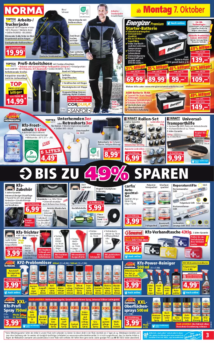 Aktueller Prospekt Norma - Norma - von 07.10 bis 14.10.2024 - strona 3 - produkty: aceto, arla, asti, auer, auto, batterie, Bau, baumwolle, Bebe, Blasebalg, braun, Brille, Calcium, decke, deka, eis, Elan, Elektro, elle, energizer, felgen, Felgenreiniger, gin, hemd, hemden, hose, Jacke, kraft, lack, ladekabel, latte, LG, messer, mikrofaser, Mikrofasertücher, möbel, ndk, Pflegespray, reifen, reiniger, reis, retroshorts, rum, rwe, Scheibenreiniger, schlauch, sekt, shorts, Sitzauflage, smartphone, spachtel, Spezi, Sport, stifte, Tasche, taschen, Ti, Tiere, tisch, tücher, Unterhemd, unterhemden, usb, wolle, ZTE