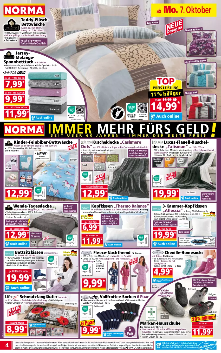 Aktueller Prospekt Norma - Norma - von 07.10 bis 14.10.2024 - strona 4 - produkty: aqua, Bau, baumwolle, Bebe, bett, Betttuch, bettwäsche, cashmere, decke, dell, deo, eis, Elan, elle, flieder, Frottee-Socken, gin, Hausschuhe, hemd, hohenstein, Kinder, kissen, kopfkissen, kraft, kuscheldecke, Läufer, LG, mint, Mode, Nachthemd, natur, ndk, pingui, Plüsch, reifen, reis, Ria, rückenlehne, rwe, Schal, schuhe, senf, sitzkissen, socken, Sofa, Sofaüberwurf, spannbetttuch, Spiele, tagesdecke, tee, Ti, Tipi, tuc, wein, wolle, ZTE