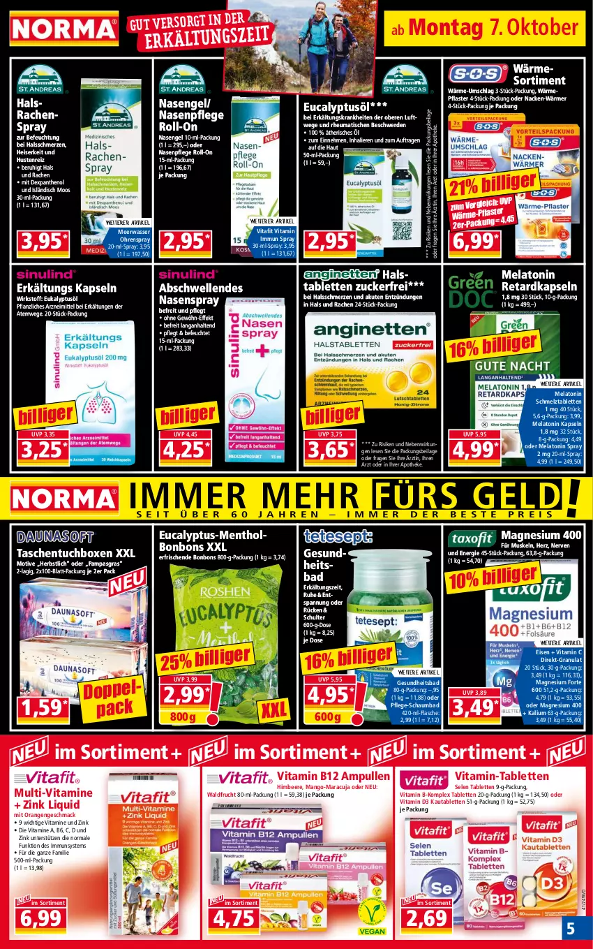 Aktueller Prospekt Norma - Norma - von 07.10 bis 14.10.2024 - strona 5 - produkty: Apotheke, B-Komplex, Bad, beere, bonbons, eis, elle, Engel, erde, Erkältungs, flasche, frucht, Gesundheit, Heu, himbeer, himbeere, ilag, mac, magnesium, magnesium 400, mango, maracuja, Meerwasser, Nasenspray, orange, orangen, Panthenol, pflaster, roll-on, schaumbad, tablet, tablett, Tablette, Tasche, taschen, Ti, tisch, tuc, vita, Vitamin B, Vitamin C, Vitamin D, Vitamine, wasser, zucker