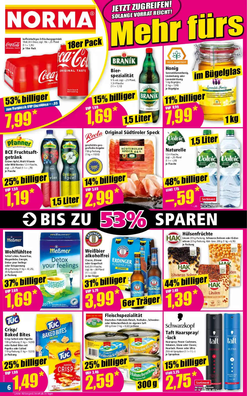 Aktueller Prospekt Norma - Norma - von 07.10 bis 14.10.2024 - strona 6 - produkty: aktionspreis, alkohol, apfel, arla, beutel, bier, bites, blume, blumen, bohne, bohnen, bügel, cashmere, eis, elle, erbsen, erfrischungsgetränk, fisch, fische, flasche, fleisch, frucht, früchte, fruchtsaft, fruchtsaftgetränk, frühstücksfleisch, getränk, gin, grapefruit, Haarlack, haarspray, Hähnchenfleisch, honig, hülsenfrüchte, lack, lavendel, LG, linsen, mit paprika, natur, paprika, reis, rel, saft, schwein, schweine, senf, sonnenblume, sonnenblumen, Speck, Spezi, südtiroler, Taft, tee, Ti, truthahn, vita, wein, weine, Wild, Yo, zitrone, ZTE