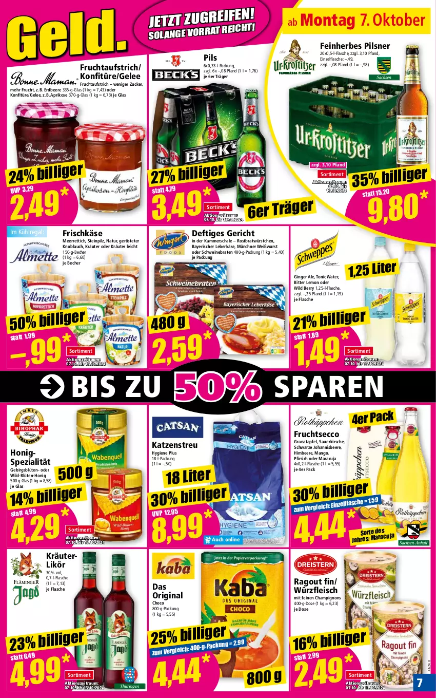 Aktueller Prospekt Norma - Norma - von 07.10 bis 14.10.2024 - strona 7 - produkty: apfel, aprikose, auer, aufstrich, Becher, beere, bitter lemon, Blüte, braten, champignon, champignons, ecco, eis, erdbeere, flasche, fleisch, frischkäse, frucht, fruchtaufstrich, fruchtsecco, gelee, gin, ginger, ginger ale, grana, granatapfel, himbeer, himbeere, honig, johannisbeere, Käse, Katzenstreu, kirsch, kirsche, knoblauch, konfitüre, kräuter, kräuterlikör, kühlregal, leberkäs, leberkäse, LG, likör, mango, maracuja, meerrettich, natur, oder kräuter, pfirsich, pils, pilsner, Ragout, Rana, regal, Rettich, Schal, Schale, schwein, schweine, schweinebraten, Spezi, Ti, tonic, tonic water, wein, weine, Weißwurst, Wild, wild berry, wurst, würstchen, zucker