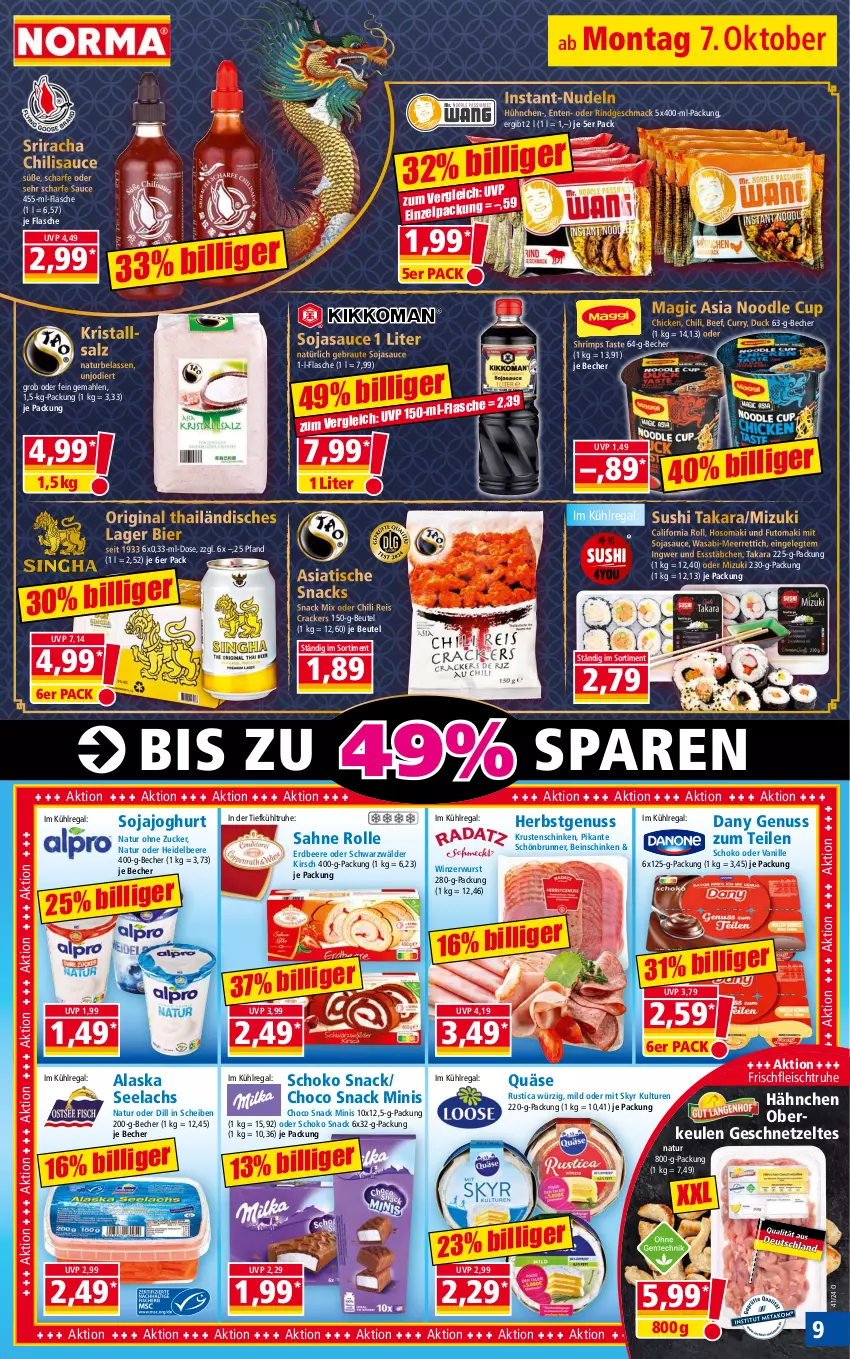 Aktueller Prospekt Norma - Norma - von 07.10 bis 14.10.2024 - strona 9 - produkty: Becher, beef, beere, beutel, bier, chili, cracker, curry, Dany, Duck, eis, ente, erdbeere, flasche, fleisch, geschnetzeltes, gin, heidelbeere, ingwer, Instant-Nudeln, joghur, joghurt, kirsch, Kristallsalz, Krustenschinken, kühlregal, lachs, mac, meerrettich, natur, nudel, nudeln, nuss, quäse, regal, reis, Rettich, rind, sahne, salz, sauce, schinken, schoko, Skyr, snack, snacks, soja, Sojajoghurt, sojasauce, Sriracha, Sushi, Ti, tisch, vanille, wasa, Winzerwurst, wurst, Zelt, zucker