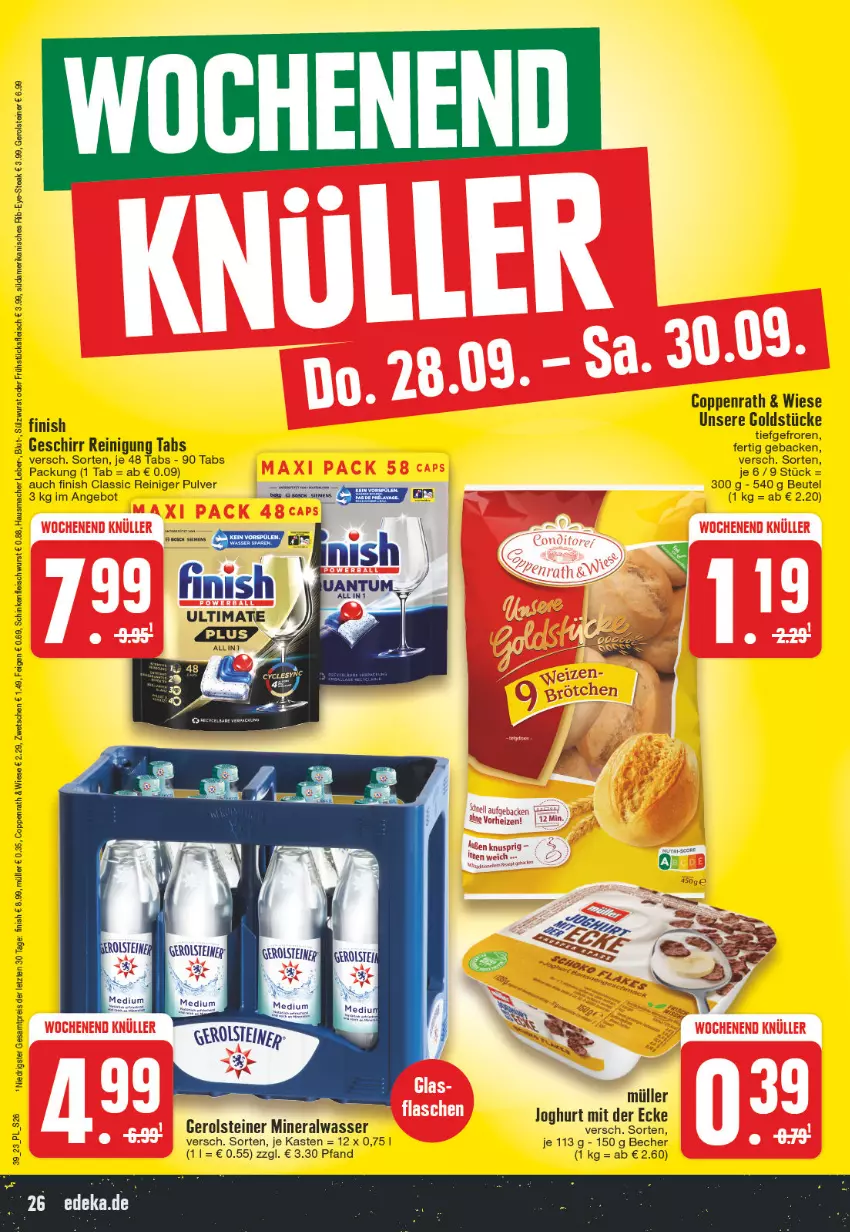 Aktueller Prospekt E Center - Angebote der Woche - von 25.09 bis 30.09.2023 - strona 26 - produkty: ACC, Alwa, angebot, Becher, beutel, coppenrath, eis, Feigen, Finish, fleisch, fleischwurst, frühstücksfleisch, geback, gerolsteine, gerolsteiner, geschirr, Goldstücke, Hausmacher, joghur, joghurt, joghurt mit der ecke, mac, mineralwasser, Müller, reiniger, Reinigung, reis, schinken, schinkenfleischwurst, steak, steiner, Ti, wasser, wurst, ZTE