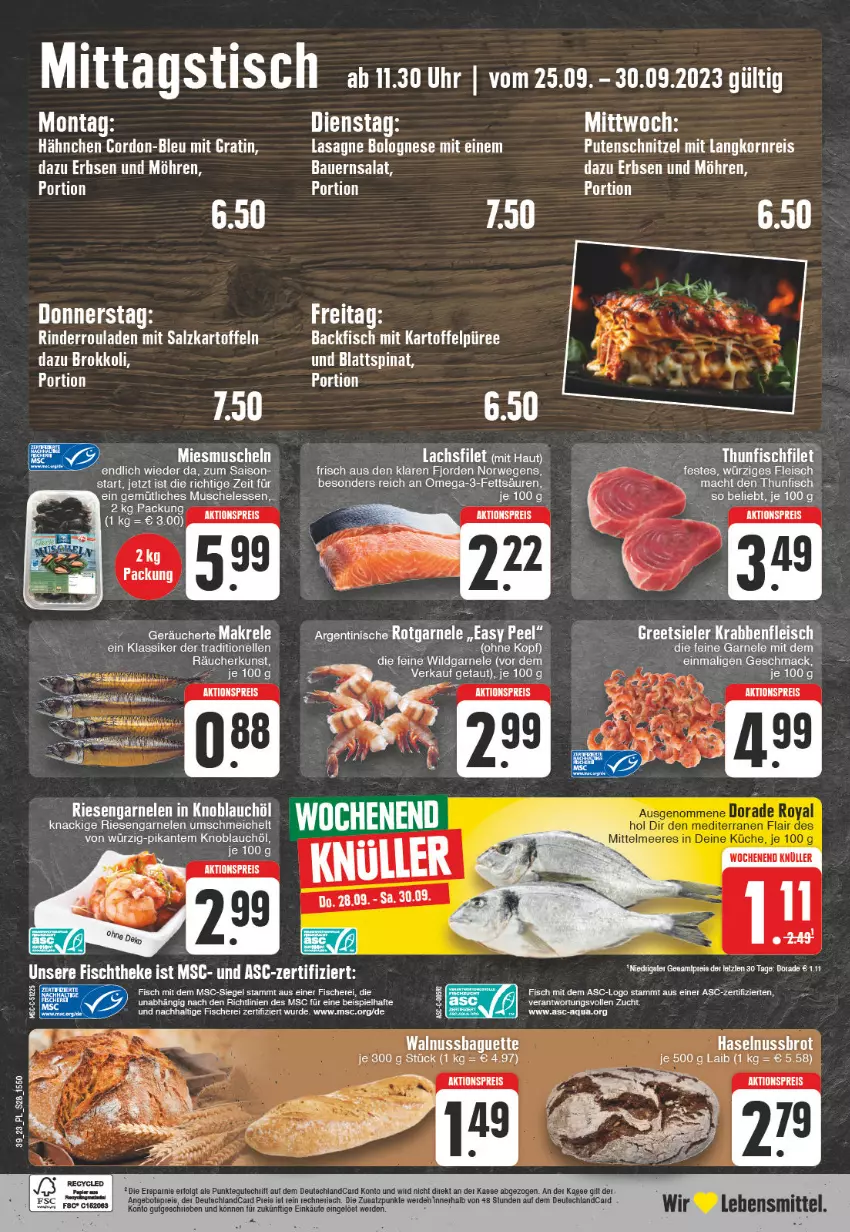 Aktueller Prospekt E Center - Angebote der Woche - von 25.09 bis 30.09.2023 - strona 28 - produkty: aktionspreis, angebot, angebote, aqua, backfisch, baguette, blattspinat, bolognese, brokkoli, deutschlandcard, eis, elle, erbsen, filet, fisch, fische, Fischer, fleisch, garnelen, haselnuss, kaes, kartoffel, kartoffeln, Kartoffelpüree, knoblauch, korn, lachs, lachsfilet, Langkornreis, lasagne, lebensmittel, LG, mac, möhren, Muscheln, ndk, nuss, omega, Omega-3, püree, pute, putenschnitzel, reis, Ria, riesengarnelen, rind, rinder, Rinderroulade, rinderrouladen, rouladen, rwe, salz, Schere, schnitzel, spinat, thunfisch, Ti, uhr, walnuss