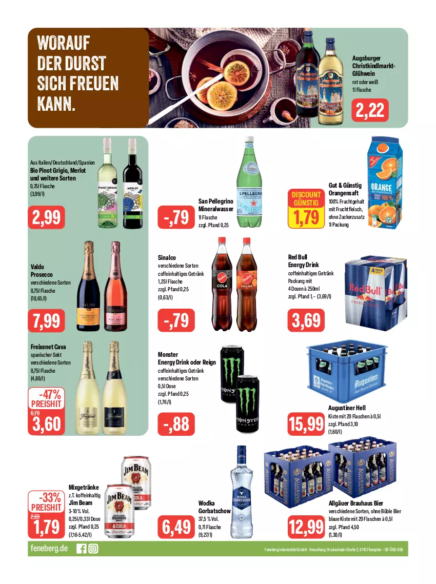 Aktueller Prospekt Feneberg - Prospekte - von 23.11 bis 25.11.2023 - strona 16 - produkty: Alwa, bier, bio, burger, Cava, coffein, discount, drink, ecco, eis, elle, energy drink, flasche, fleisch, freixenet, frucht, fruchtfleisch, getränk, getränke, Glühwein, Gorbatschow, jim beam, lebensmittel, LG, merl, merlot, mineralwasser, mit frucht, Mixgetränk, monster, Monster Energy, orange, orangen, orangensaft, Pinot, pinot grigio, prosecco, red bull, reis, saft, san pellegrino, sekt, sinalco, Ti, valdo, wasser, wein, wodka, zucker