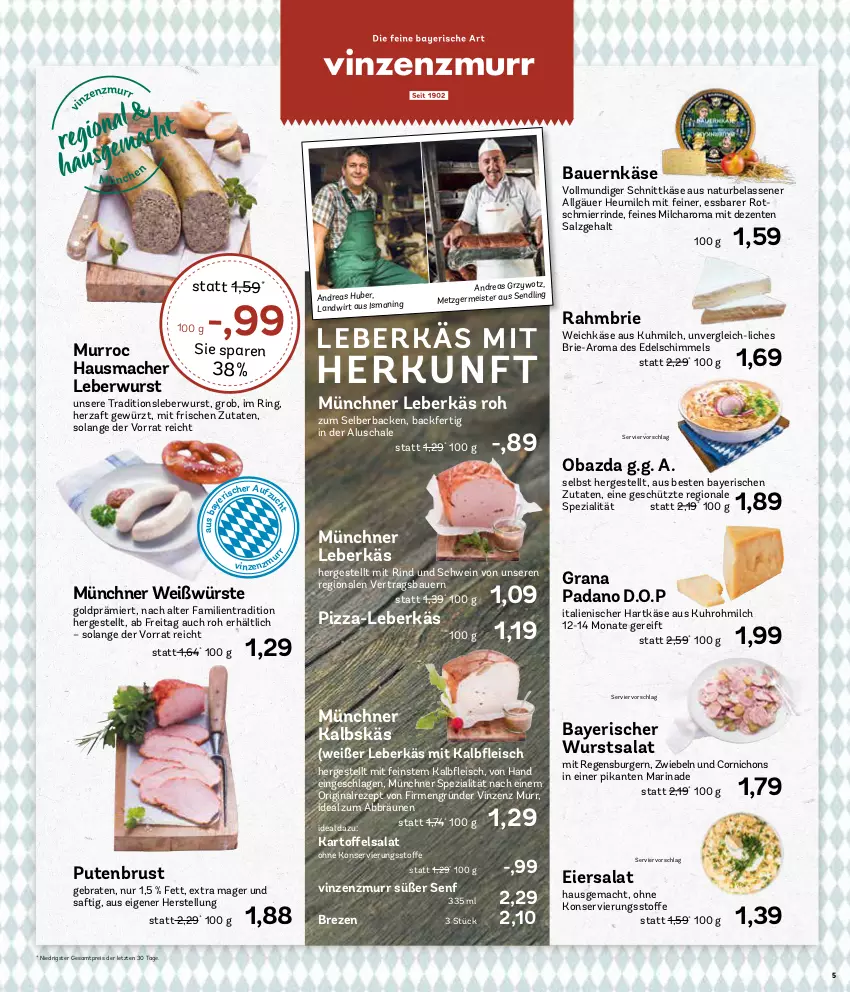 Aktueller Prospekt Aez - Prospekte - von 15.01 bis 20.01.2024 - strona 5 - produkty: auer, Bau, Bauer, braten, brie, burger, eier, eiersalat, eis, ente, fleisch, Germ, gewürz, gin, grana, grana padano, hartkäse, Hausmacher, Heu, heumilch, italienischer hartkäse, Kalbfleisch, kartoffel, kartoffelsalat, Käse, leberkäs, leberwurst, LG, mac, marinade, Meister, milch, mit kalbfleisch, natur, obazda, padano, pizza, pute, putenbrust, Rana, regensburger, reis, rezept, rind, ring, saft, salat, salz, Schal, Schale, schnittkäse, schwein, senf, Spezi, Ti, uhr, weichkäse, wein, wurst, ZTE, zwiebel, zwiebeln