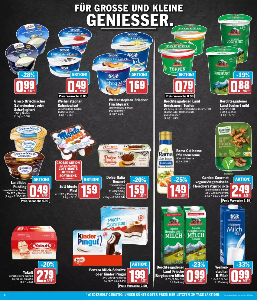 Aktueller Prospekt Aez - Prospekte - von 15.01 bis 20.01.2024 - strona 8 - produkty: auer, Bau, Bauer, Becher, creme, culinesse, dessert, eis, ferrero, flasche, fleisch, frucht, Fruchtquark, garden gourmet, joghur, joghurt, joghurt mild, Kinder, kinder pingui, landliebe, leine, milch, milch-schnitte, monte, pflanze, pflanzen, pflanzencreme, pingui, pudding, quark, rahmjoghurt, rama, Rama Culinesse, reis, sahne, Sahnejoghurt, Ti, topf, Topfen, Vegeta, weihenstephan, zott, Zott Monte, ZTE