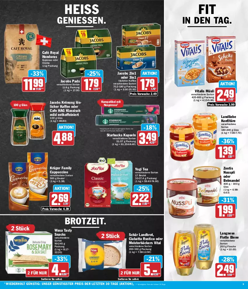 Aktueller Prospekt Aez - Prospekte - von 15.01 bis 20.01.2024 - strona 9 - produkty: Belmandel, beutel, brot, café royal, Cap, cappuccino, ciabatta, cin, eis, espresso, espresso oder, flasche, jacobs, jacobs krönung, kaffee, konfitüre, krüger, landliebe, langnese, löslicher kaffee, mandel, Meister, müsli, nespresso, nestlé, nuss, nusspli, reis, snack, snacks, starbucks, Ti, Tiere, vita, vitalis, vitalis müsli, wasa, Yo, zentis, ZTE