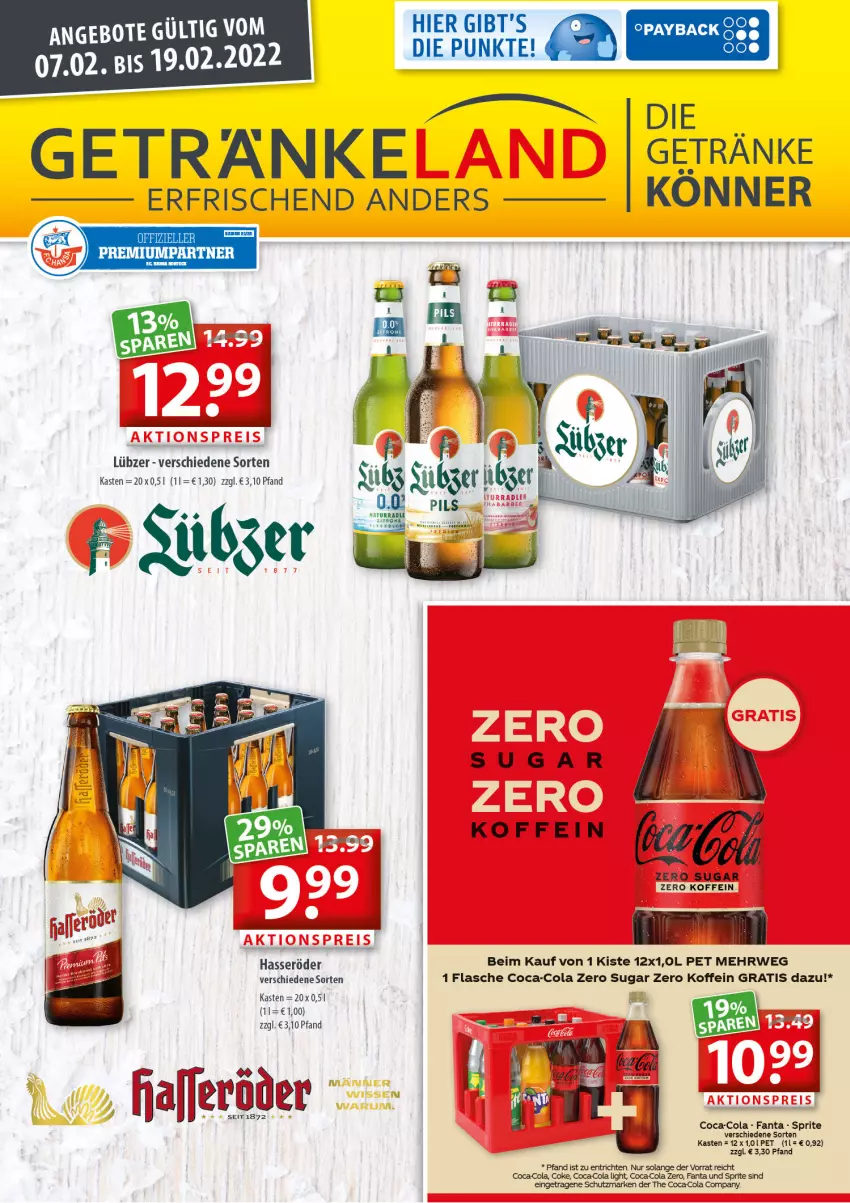 Aktueller Prospekt Getraenkeland - von 07.02 bis 19.02.2022 - strona 1 - produkty: coca-cola, cola, elle, fanta, flasche, getränk, getränke, hasseröder, Lübzer, pils, rel, rwe, sprite, Ti