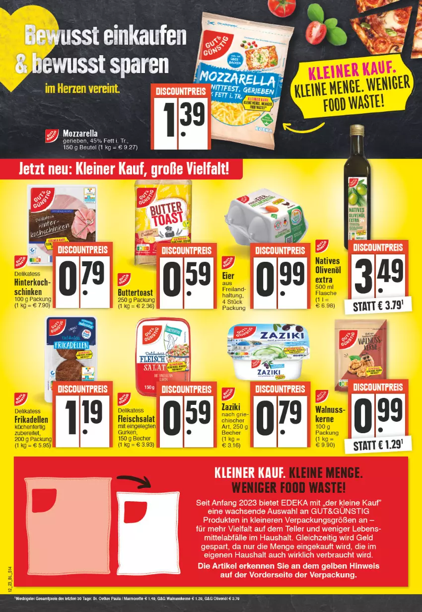 Aktueller Prospekt Edeka - Angebote der Woche - von 20.03 bis 25.03.2023 - strona 14 - produkty: Becher, beutel, dell, eier, eis, elle, fleisch, fleischsalat, frikadellen, küche, Küchen, leine, mam, mozzarella, nuss, olive, oliven, olivenöl, Paula, rel, salat, schinken, Ti, walnuss, zaziki, ZTE