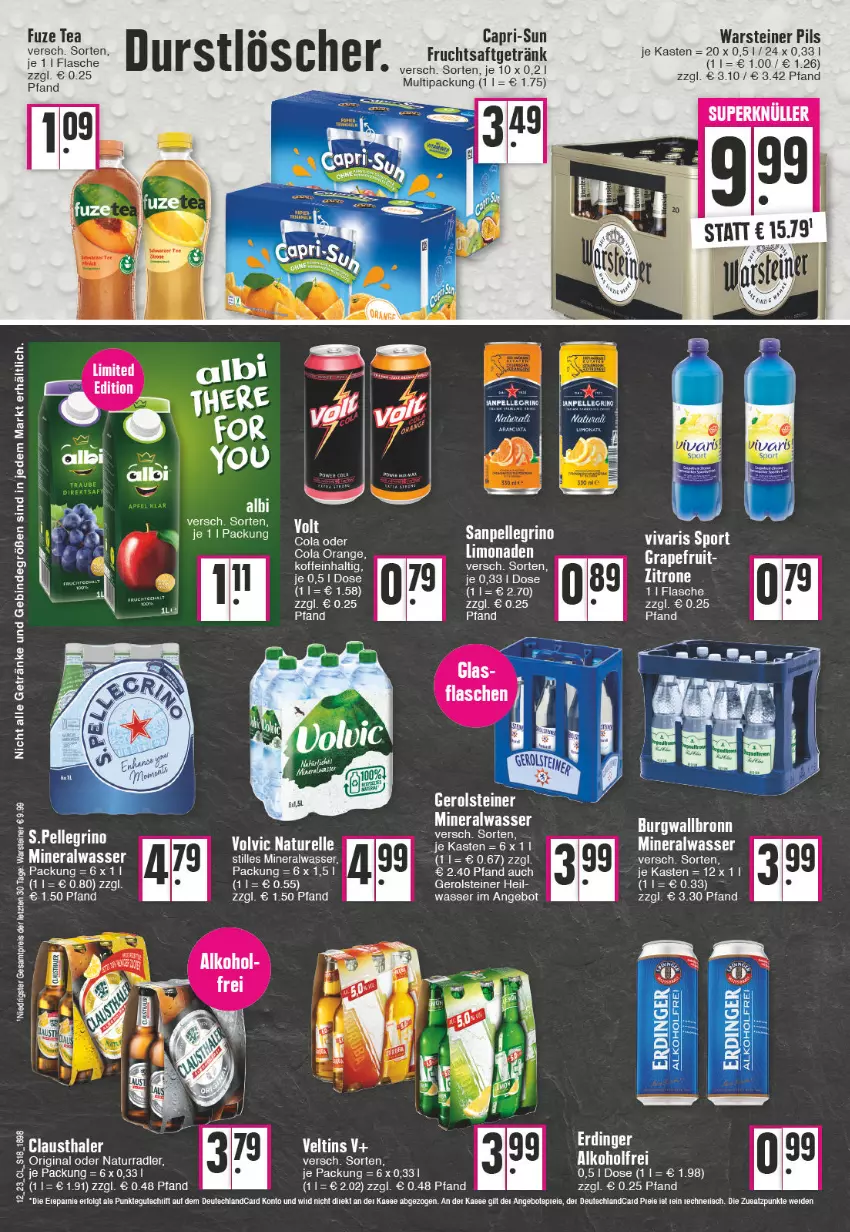 Aktueller Prospekt Edeka - Angebote der Woche - von 20.03 bis 25.03.2023 - strona 18 - produkty: Alwa, angebot, aust, Cap, capri-sun, clausthaler, cola, eier, elle, flasche, frucht, fruchtsaft, fuze tea, gerolsteine, gerolsteiner, gin, grapefruit, LG, limo, mineralwasser, Mineralwasser Still, natur, orange, pils, radler, saft, steiner, tee, Ti, warsteiner, wasser