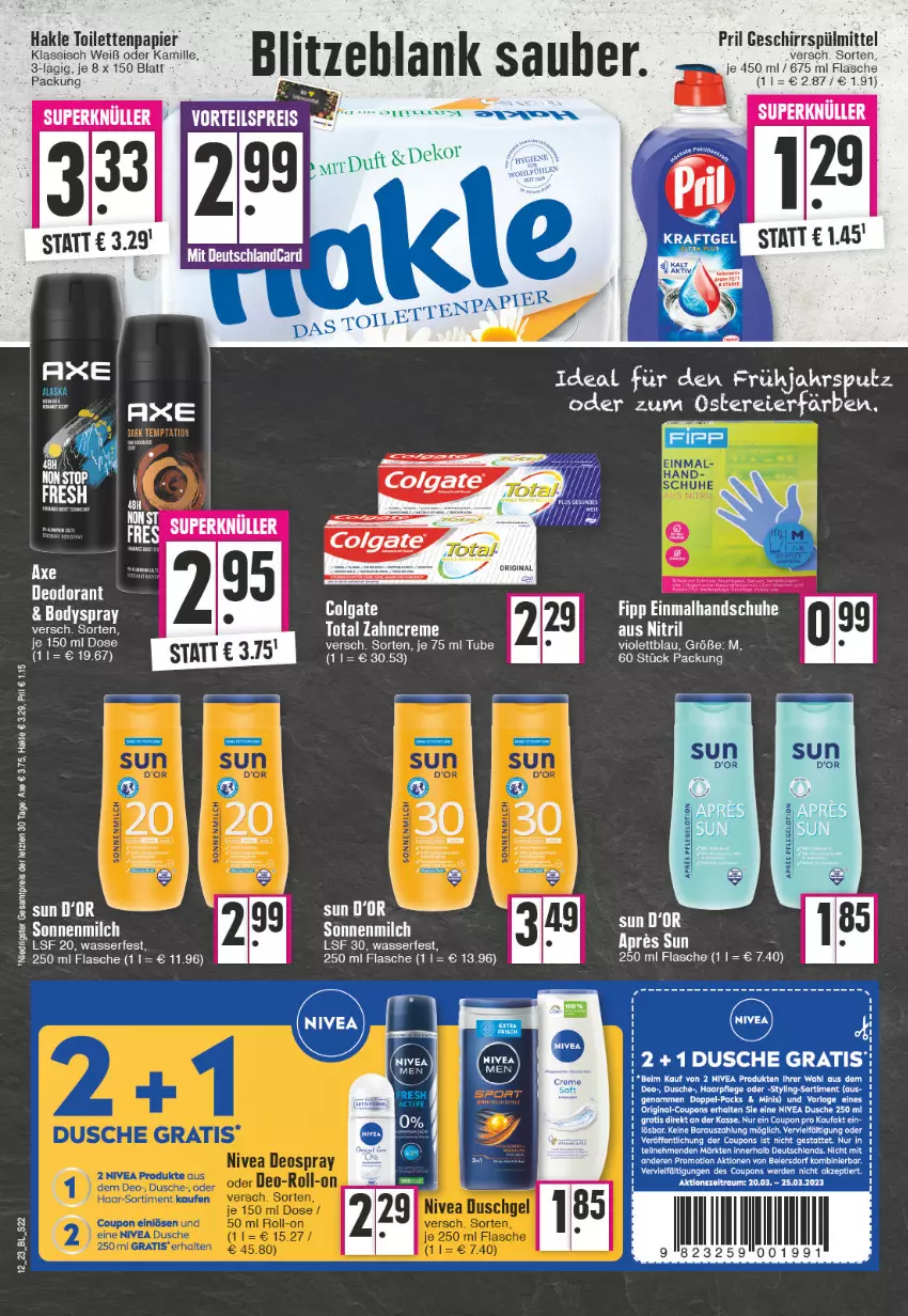 Aktueller Prospekt Edeka - Angebote der Woche - von 20.03 bis 25.03.2023 - strona 22 - produkty: body, bodyspray, creme, dusche, eier, flasche, geschirr, geschirrspülmittel, hakle, hakle toilettenpapier, Kamill, kamille, nivea, papier, pril, spülmittel, Ti, toilettenpapier, wasser, zahncreme